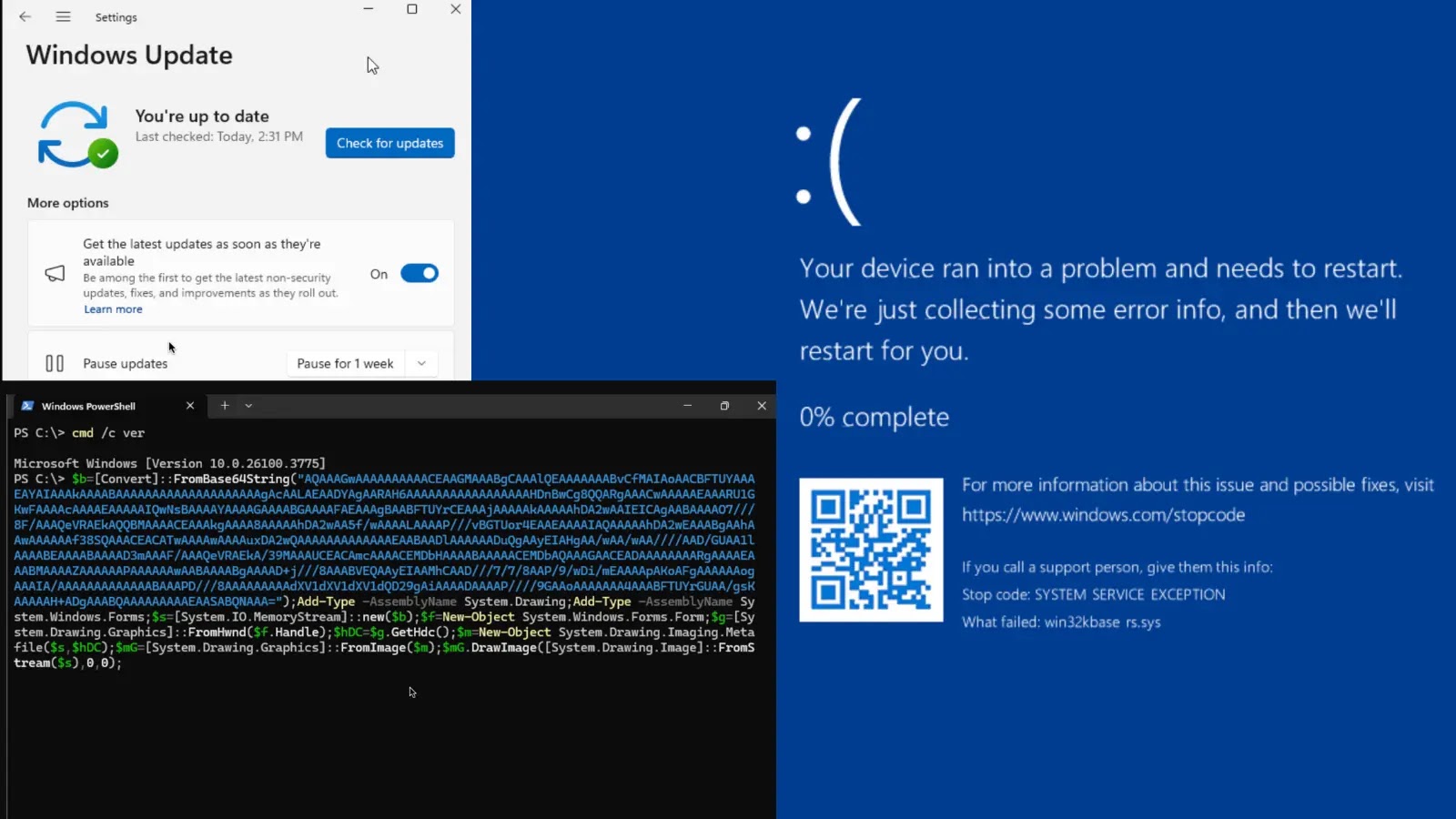 Windows GDI Vulnerability BSOD Error A Windows computer shows a blue screen error message (“Your device ran into a problem...”), a Command Prompt window with text, and a Windows Update window indicating last checked for updates recently.