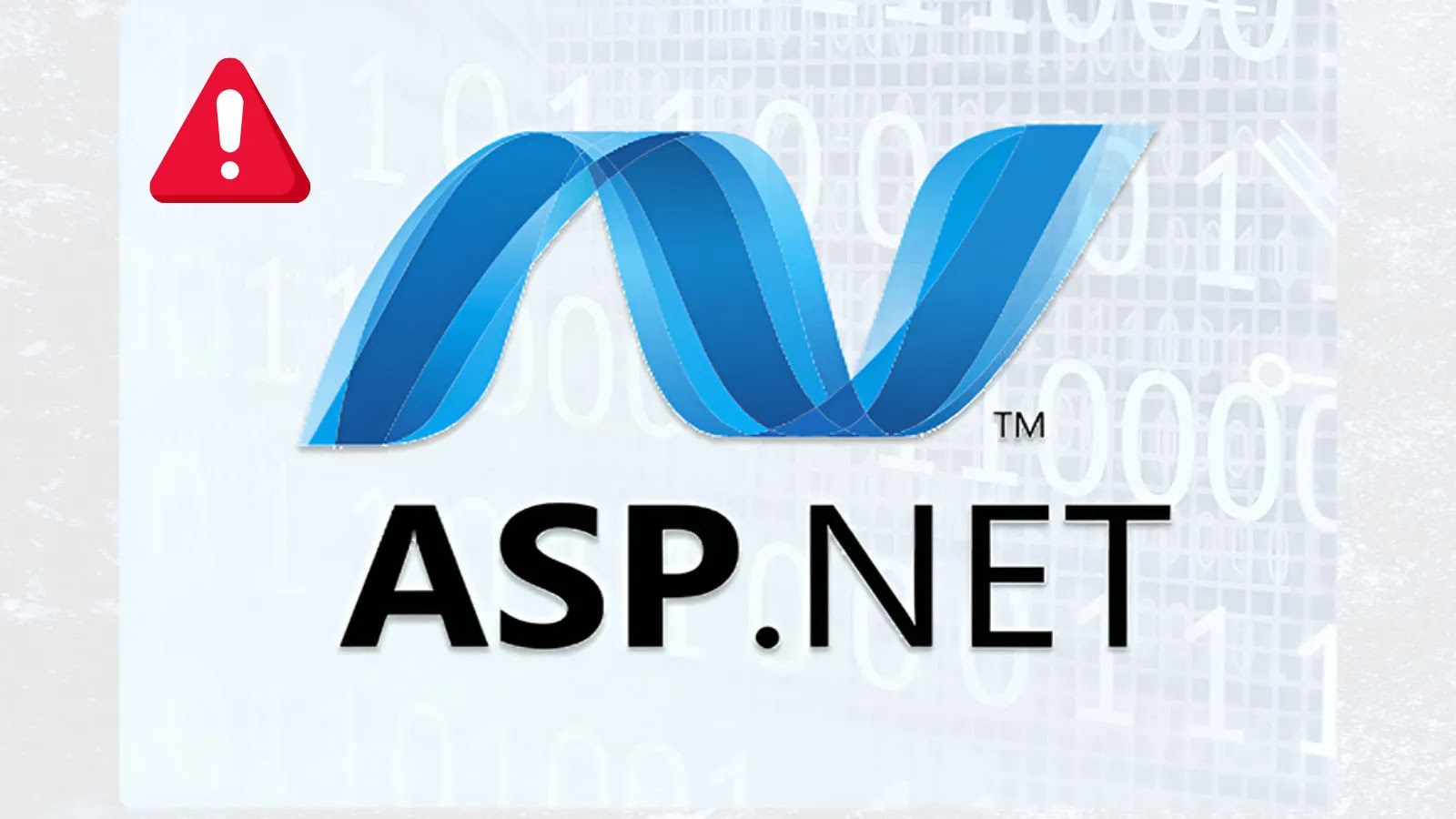 critical ASP.NET vulnerability Blue ASP.NET logo with a red warning icon in the top left corner, set against a light background with binary numbers faintly visible.