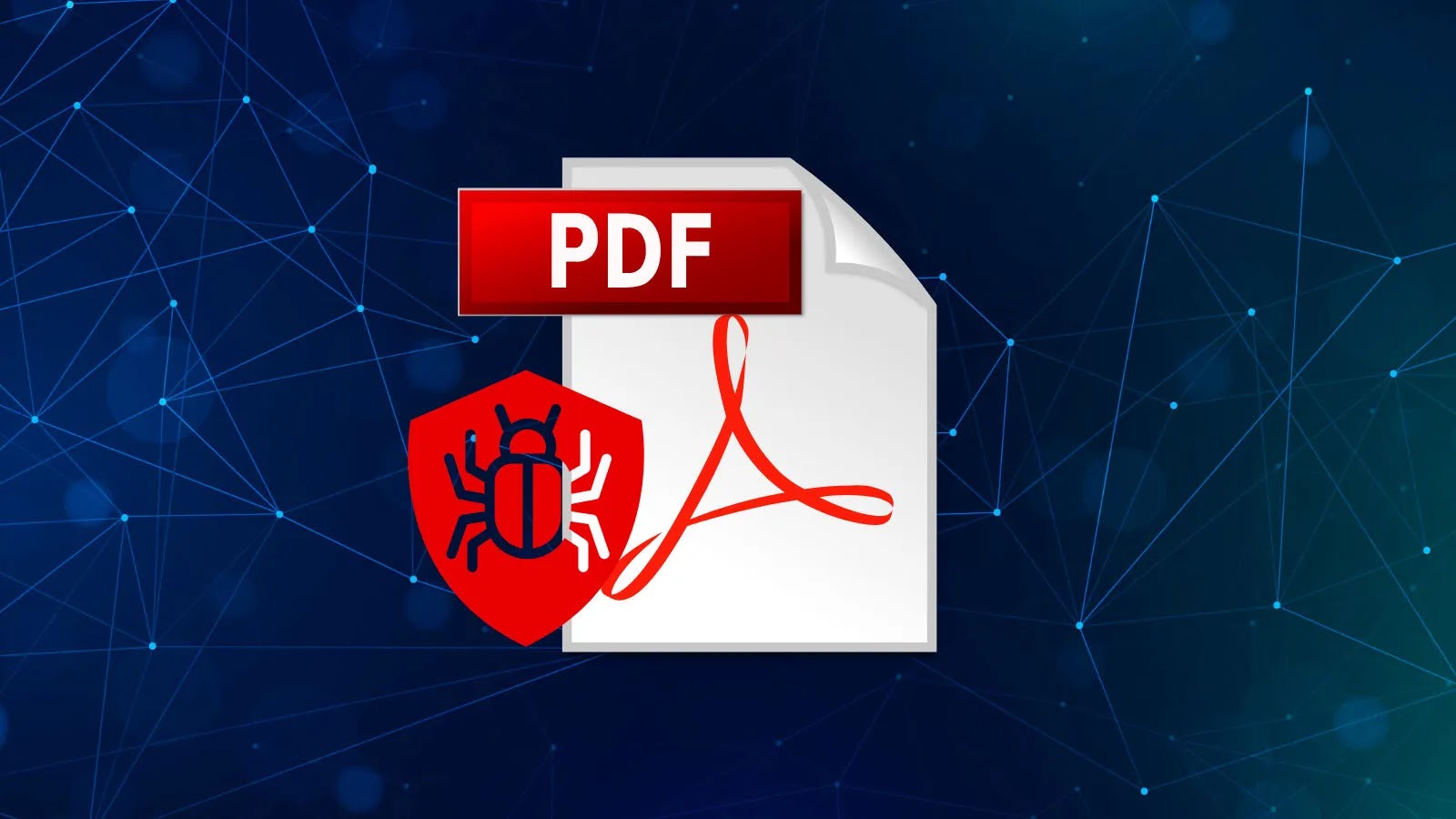 A PDF document icon with a red shield displaying a bug symbol, indicating a computer virus or malware, on a digital network background.
