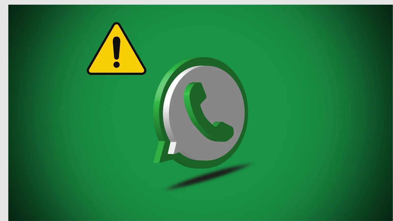 A gray WhatsApp logo on a green background with a yellow warning triangle and exclamation mark in the top left corner, indicating an alert or issue related to WhatsApp.
