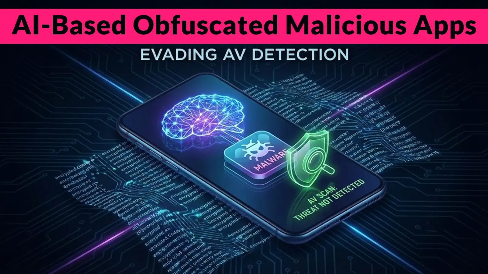 A digital illustration of a smartphone displaying icons for malware and antivirus, with neon brain and shield graphics, set on a circuit board background. Text: AI-Based Obfuscated Malicious Apps Evading AV Detection.