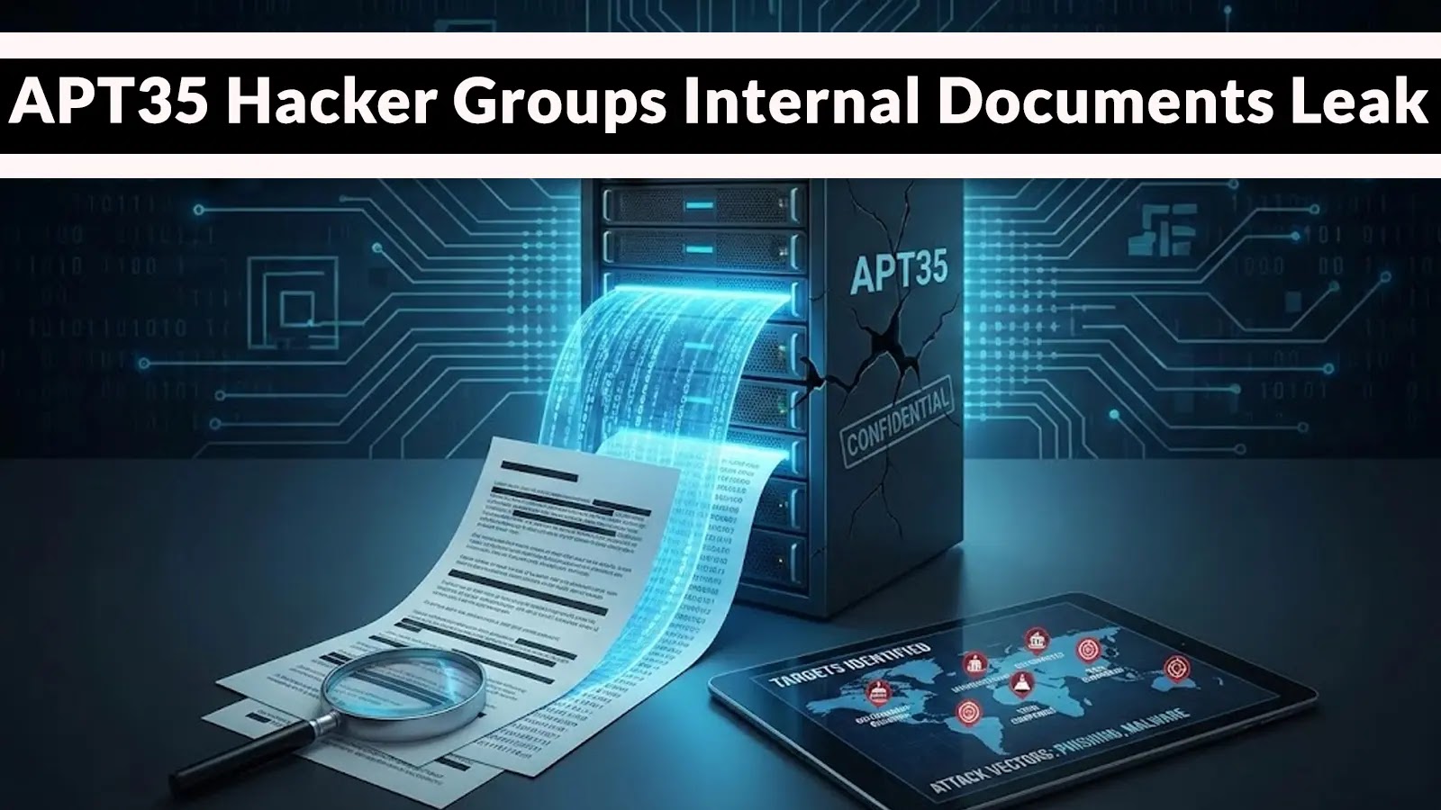 A digital illustration shows a server labeled APT35 Confidential with documents spilling out, a magnifying glass, and a tablet displaying a cyber attack map; headline reads APT35 Hacker Groups Internal Documents Leak.