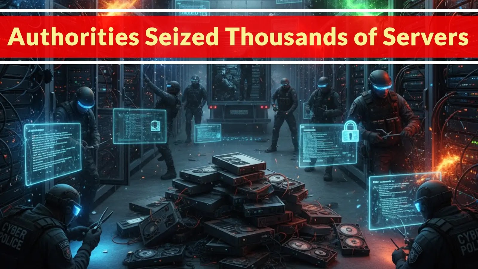 Cyber police in a server room surround piles of confiscated computer hardware and hard drives, with digital interface graphics shown; headline reads Authorities Seized Thousands of Servers.