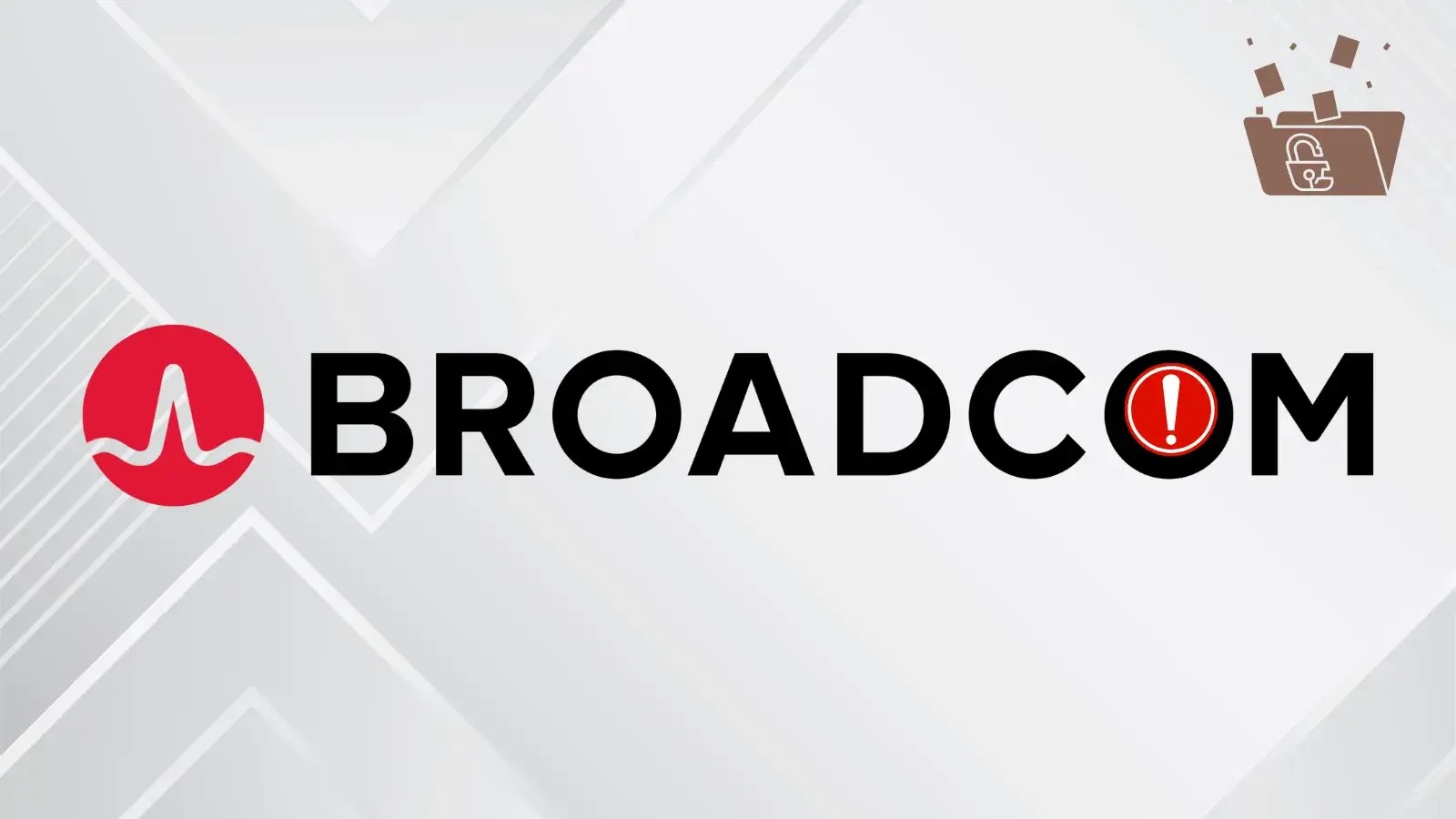 The Broadcom logo with a warning icon replacing the letter O and a small padlock and cardboard boxes illustration in the upper right corner on a light geometric background.