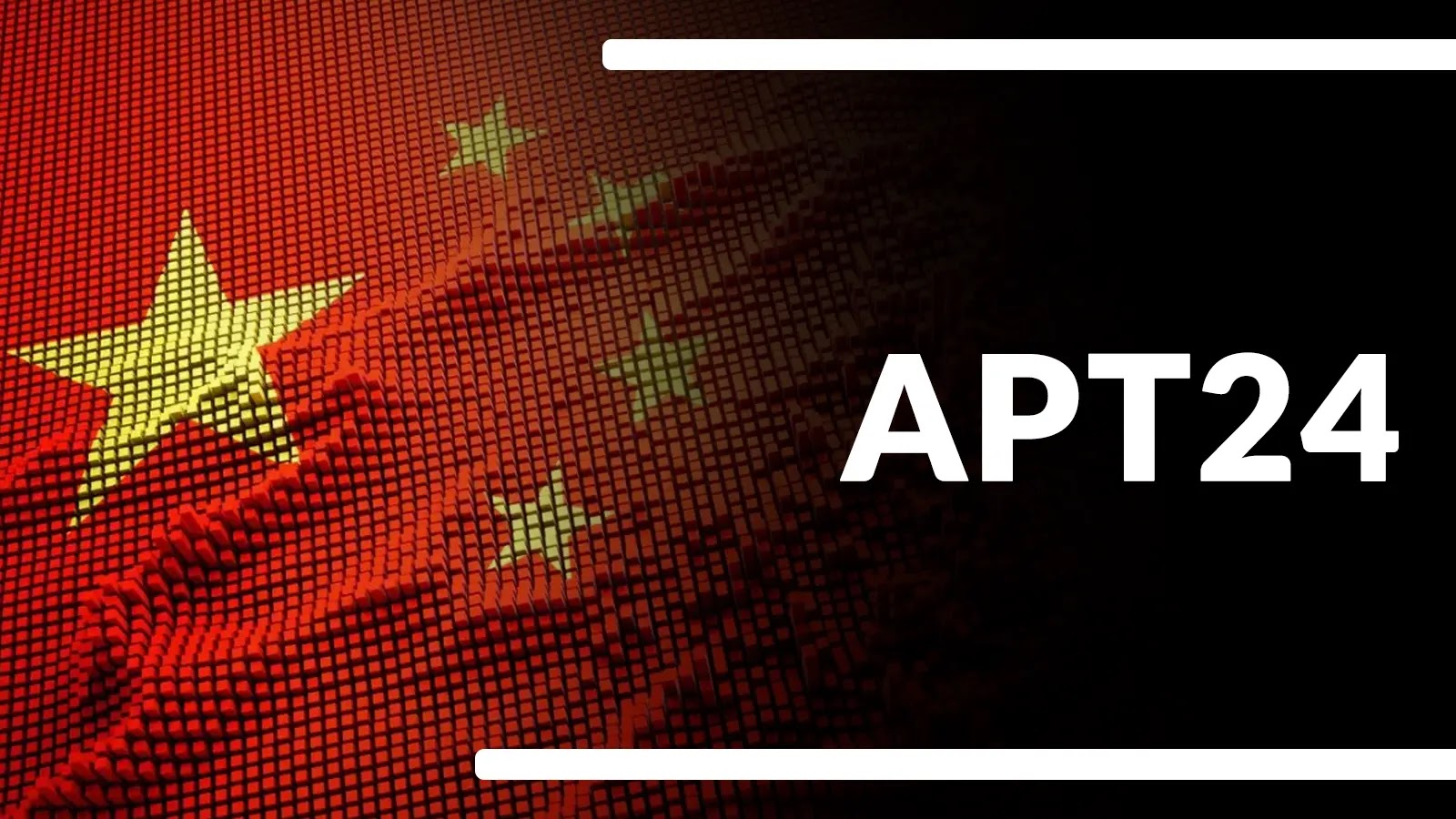 A digital mosaic of the Chinese flag fades into a black background with the text “APT24” in bold white letters, bordered by horizontal white lines above and below.