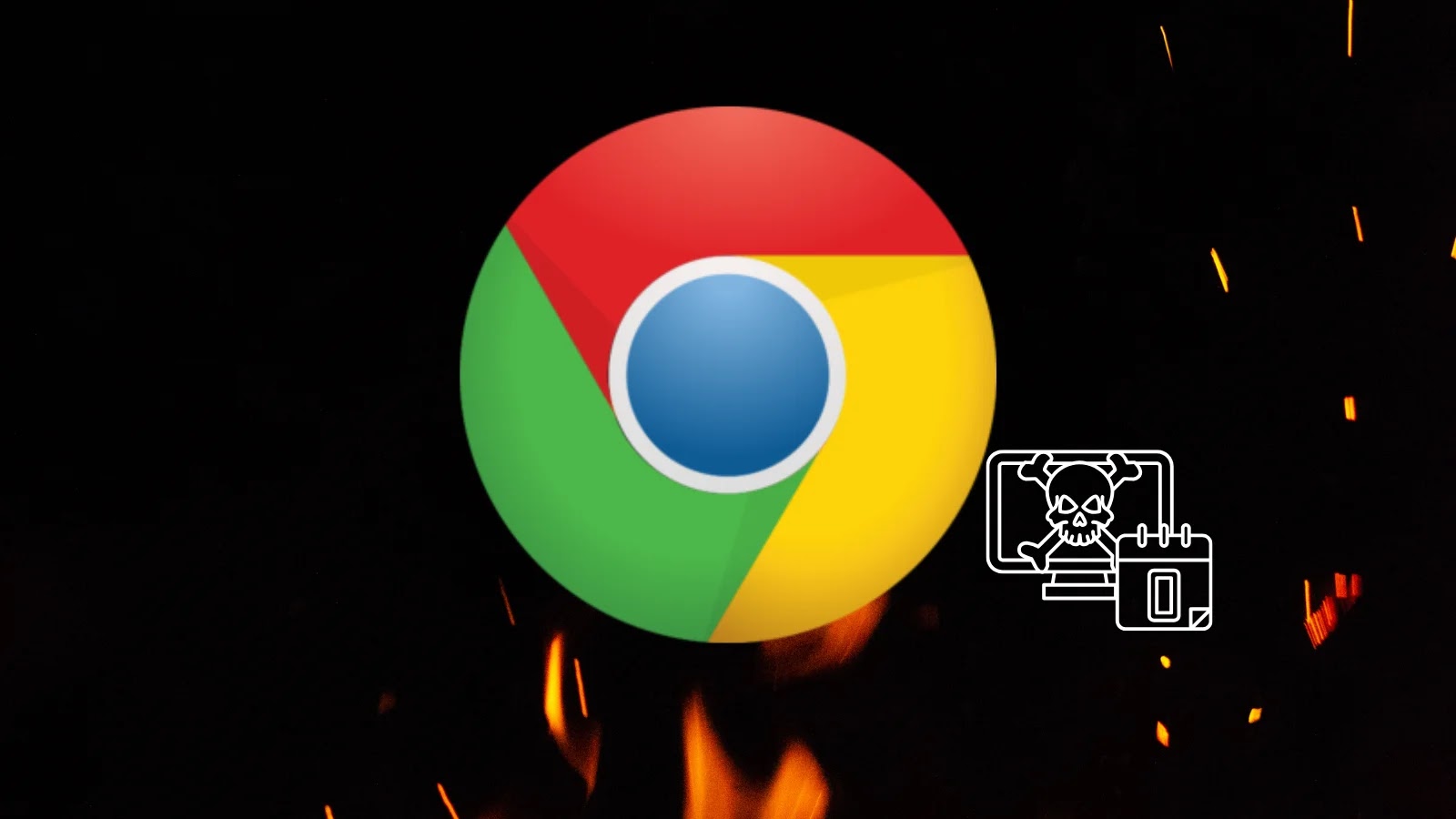 A large Google Chrome logo appears over a dark background with flames below, and a small icon of a computer with a skull, signifying a cybersecurity or malware threat.