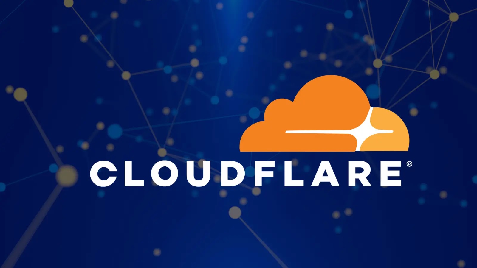The Cloudflare logo, featuring an orange cloud and sun design above the word CLOUDFLARE in bold white letters, is set against a blue background with abstract connected dots and lines.