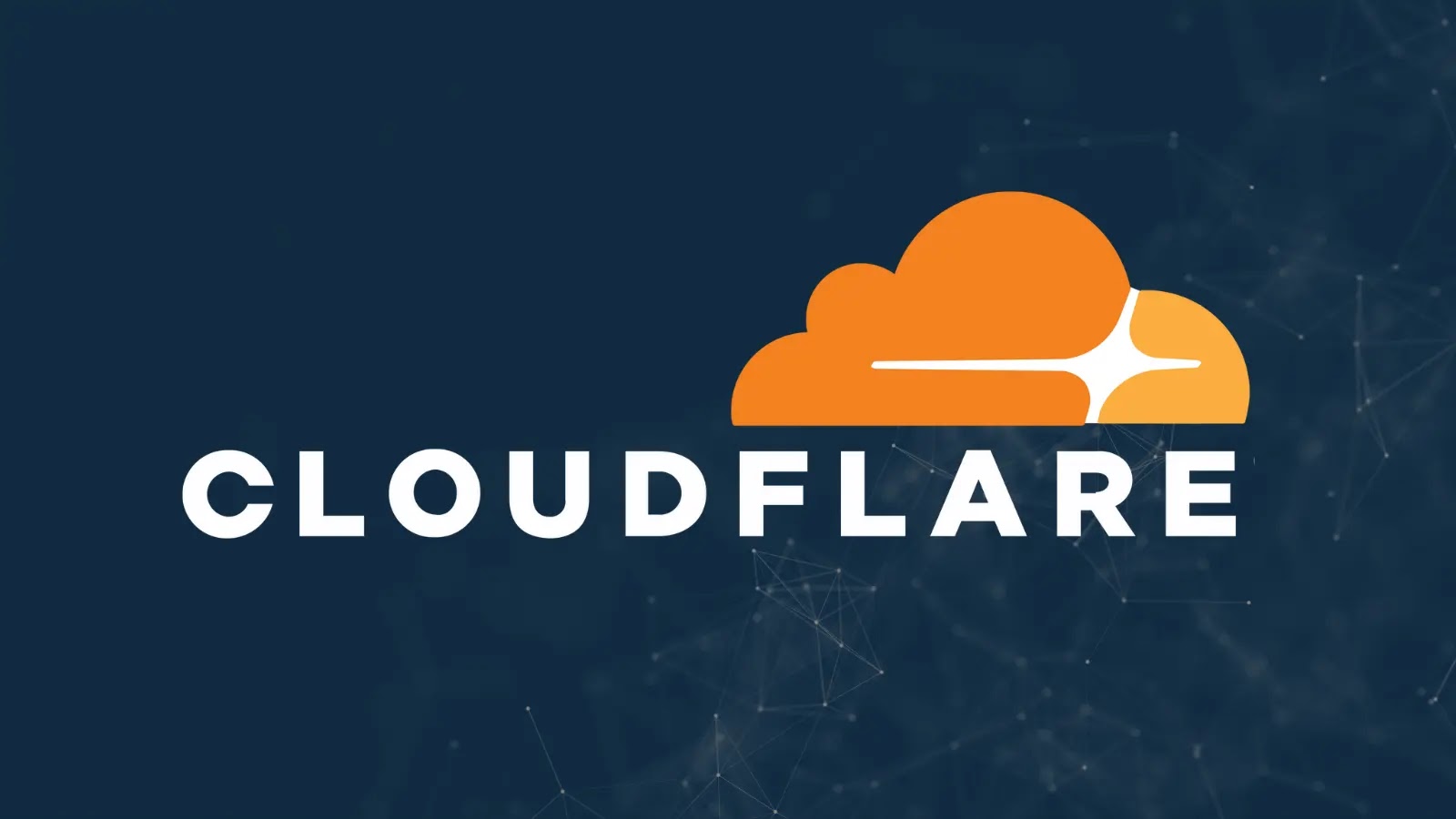 Cloudflare logo featuring an orange cloud with a white shine next to the word CLOUDFLARE in bold, white uppercase letters on a dark blue background with subtle network lines.