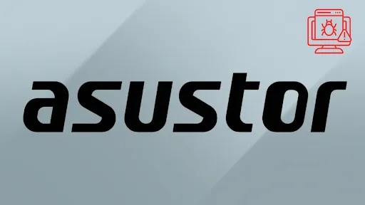 The image shows the word asustor in bold black letters on a gray background, with a small red computer bug icon in the top right corner.