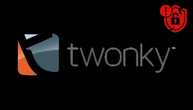 Logo for Twonky with a stylized icon on the left and a red shield symbol with an exclamation mark and padlock in the top right corner, all on a black background.