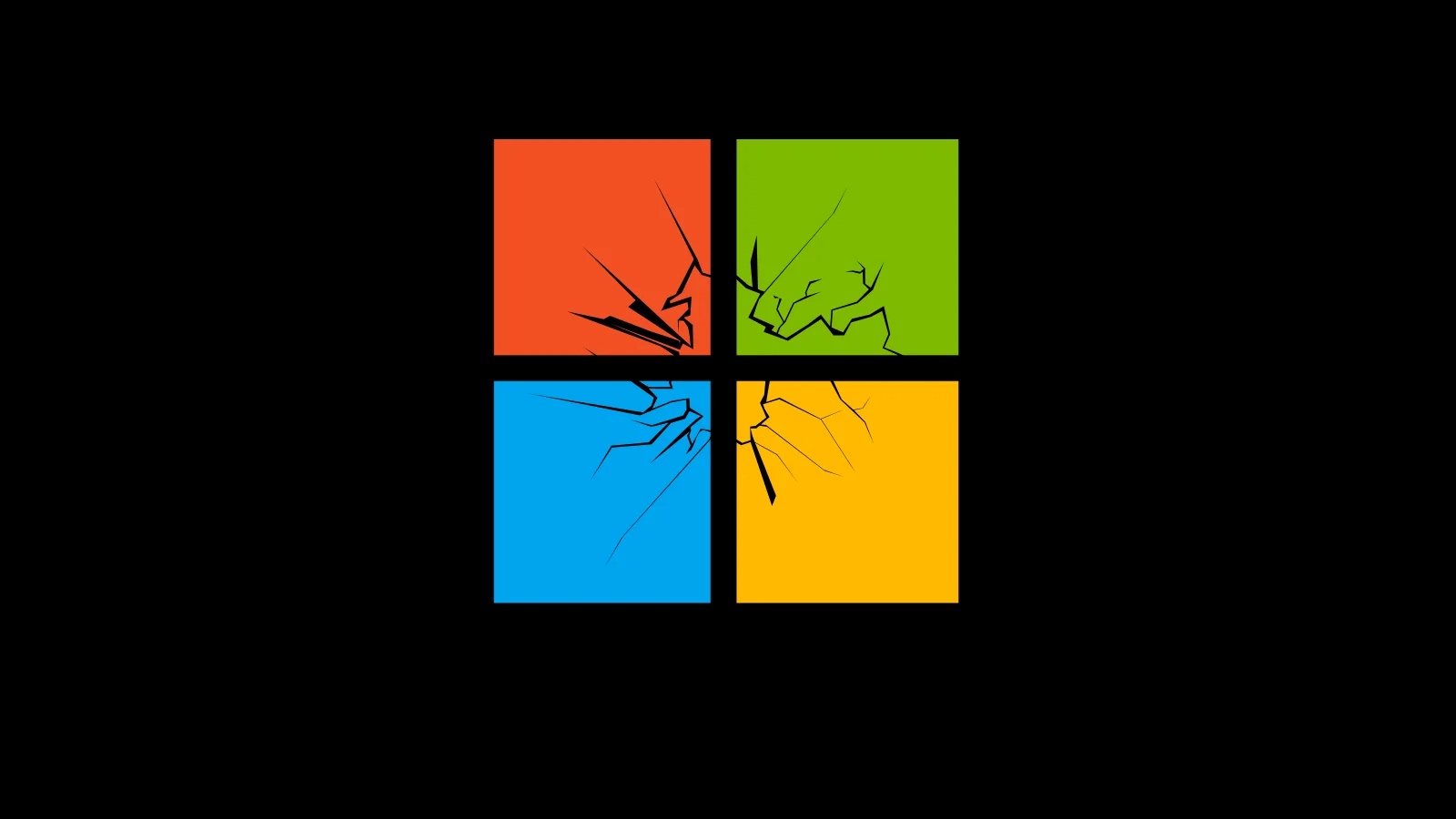 The Windows logo with four colored squares—red, green, blue, and yellow—appears cracked and shattered against a black background.