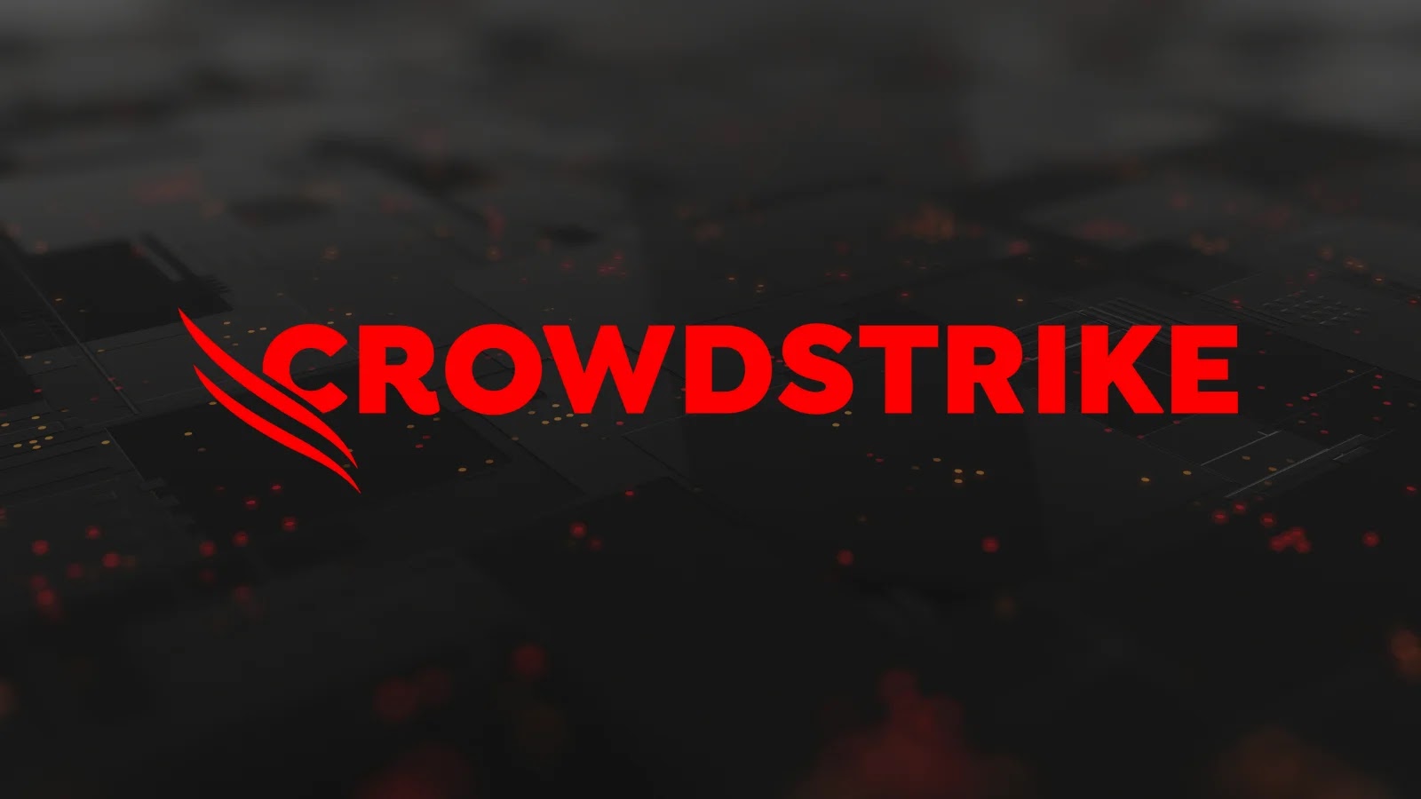 Red CROWDSTRIKE text with a stylized falcon logo on a dark, blurred background with faint digital patterns and glowing orange accents.