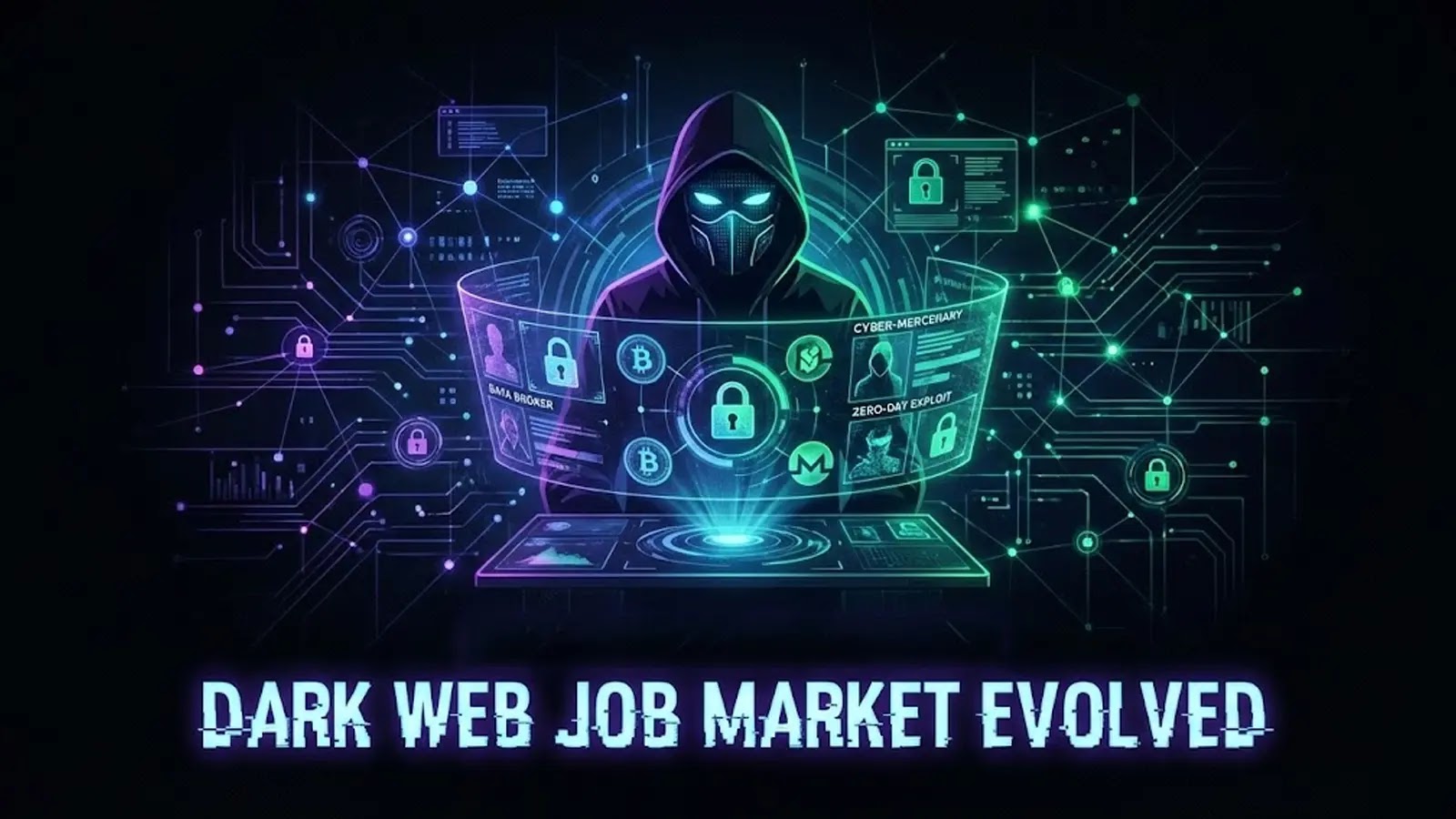 Dark Web Job Market Evolved – Prioritizes Practical Skills Over Formal Education A hooded figure sits at a digital interface with cryptocurrency and security icons, surrounded by circuit-like graphics. Text at the bottom reads “Dark Web Job Market Evolved.” The scene is futuristic and high-tech.