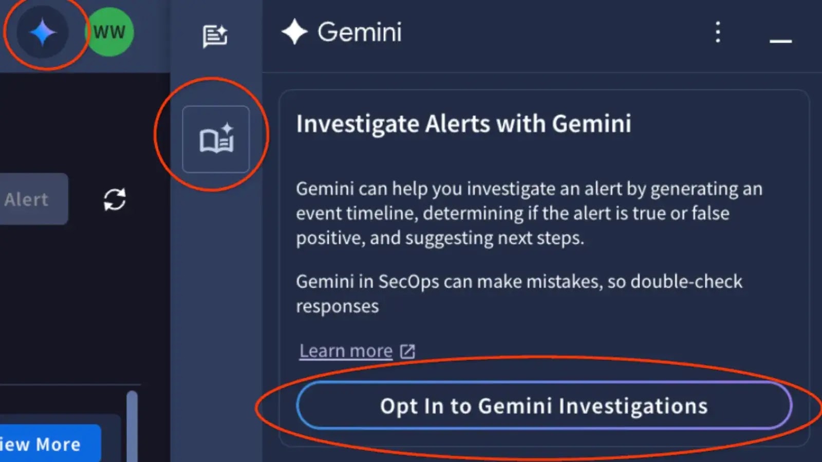 A software interface shows a section titled Investigate Alerts with Gemini, describing how Gemini assists with alerts. A button labeled Opt In to Gemini Investigations is highlighted with a red circle.