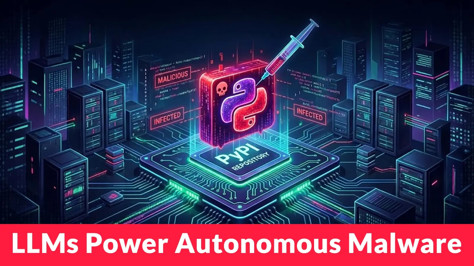 A digital illustration of a glowing Python logo on a microchip, surrounded by servers and code screens labeled malicious and infected, with a syringe above it. Text below reads: LLMs Power Autonomous Malware.