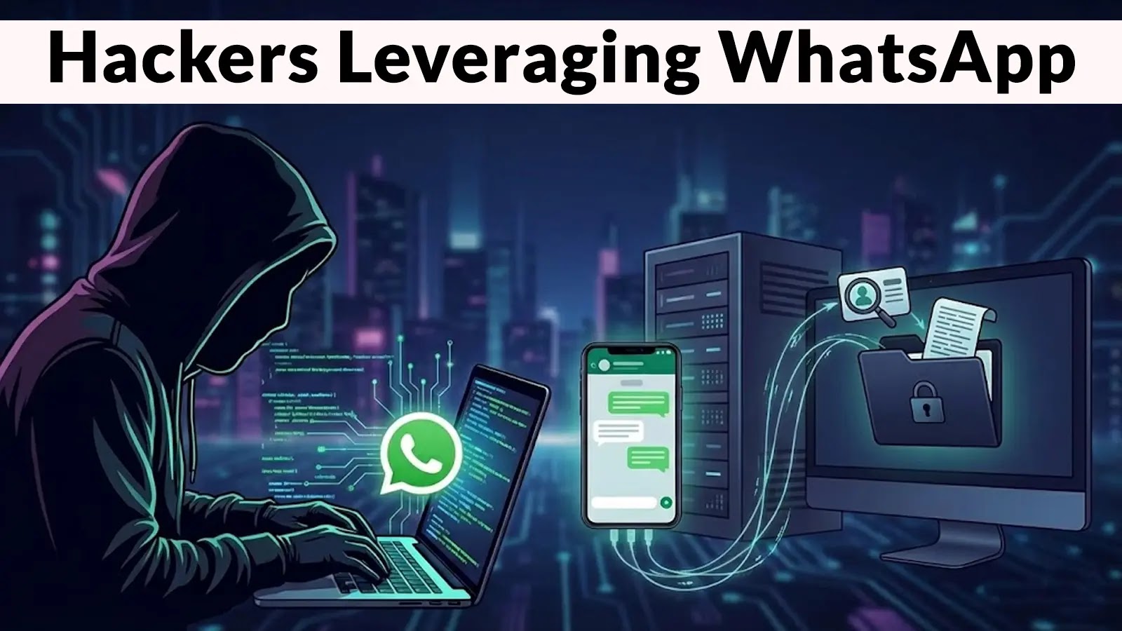 A hooded figure types on a laptop displaying a WhatsApp logo, with digital lines connecting to a smartphone and a computer monitor showing a locked folder, symbolizing hackers exploiting WhatsApp security.