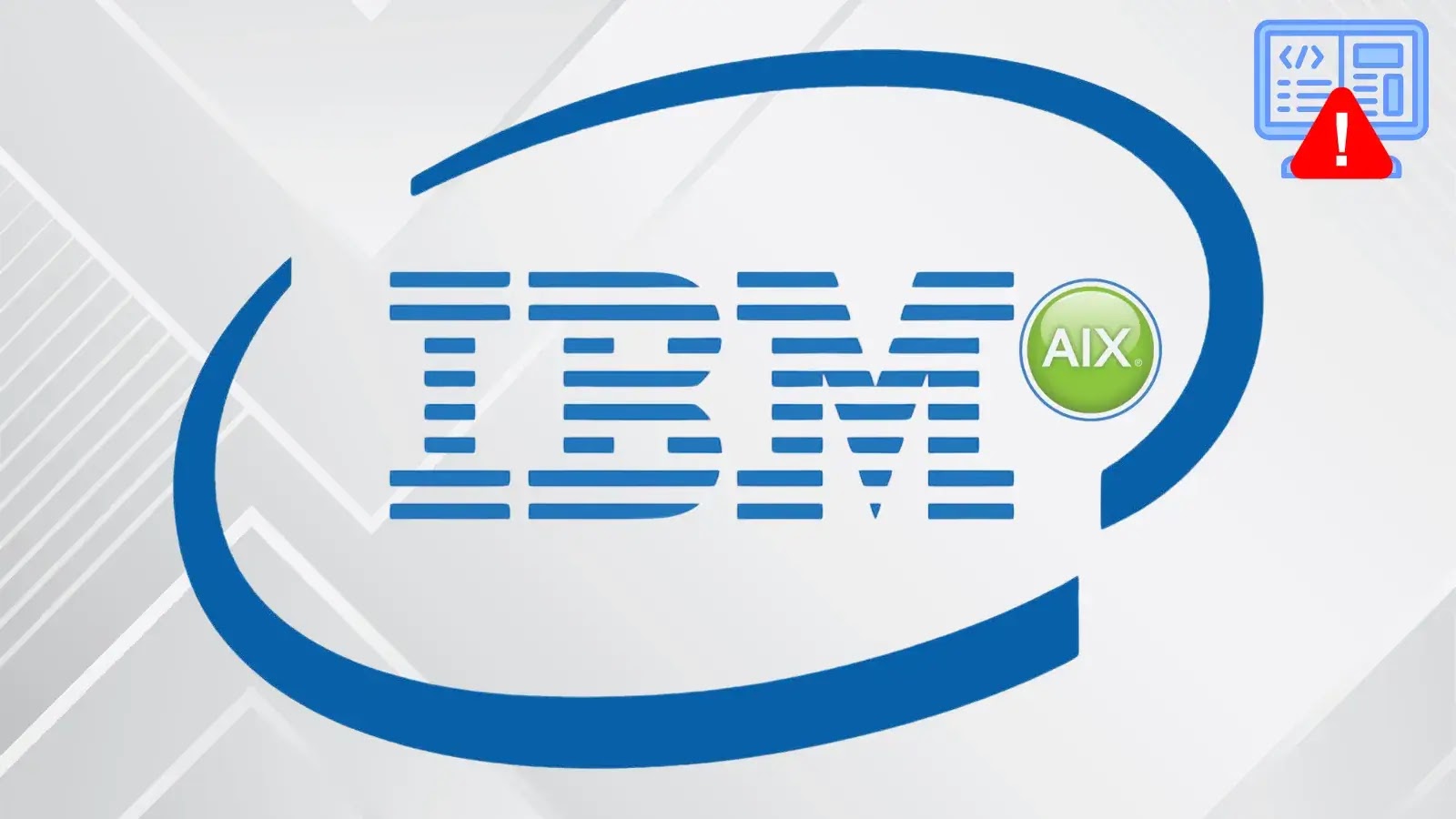 The IBM logo with a green circle labeled AIX overlapping the letter M, and an icon showing a document with a warning symbol in the upper right corner.