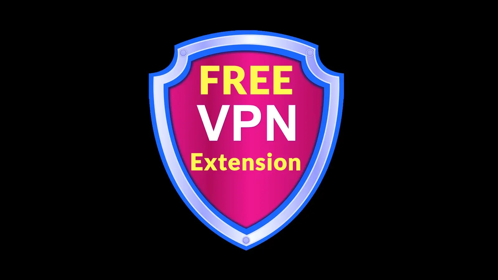 A blue and pink shield-shaped badge with the words FREE VPN Extension written in yellow and white text on a black background.