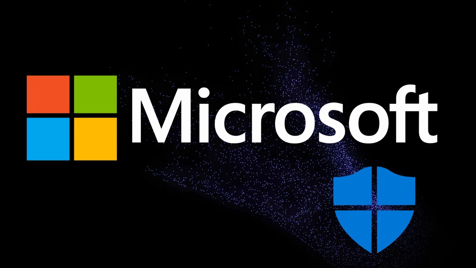 The Microsoft logo with colored squares appears on a black background, next to the word Microsoft in white text. A blue shield icon is displayed to the lower right of the text.