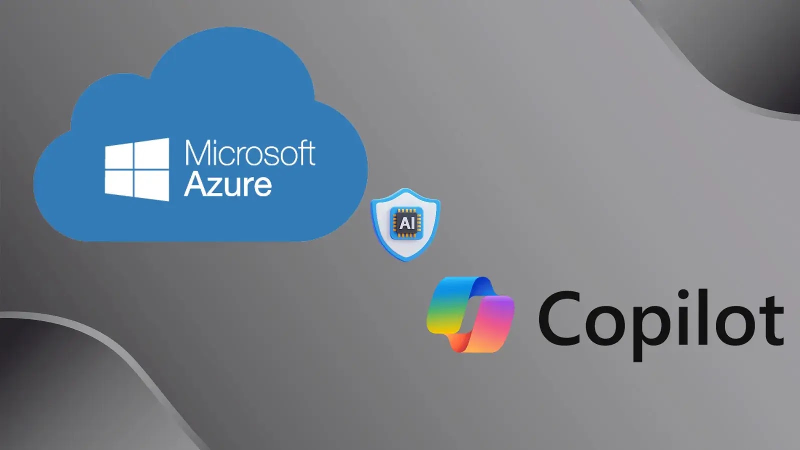 A Microsoft Azure cloud icon and a multicolored Copilot logo appear on a gray gradient background with an AI security shield icon between them.