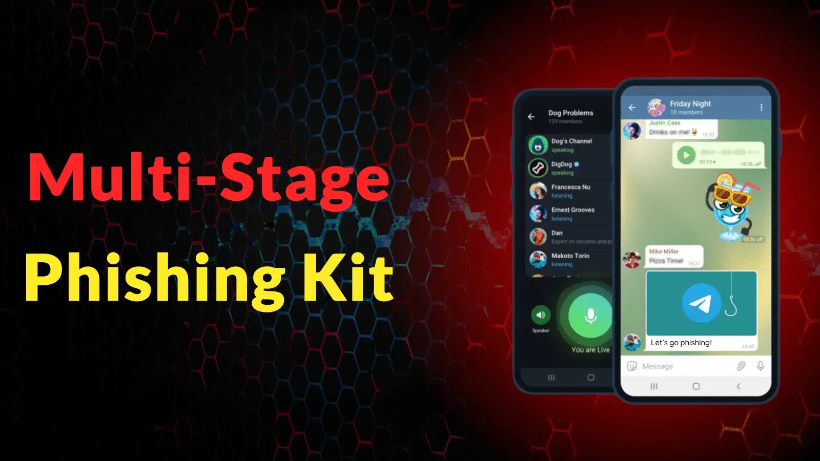 Multi-Stage Phishing Kit Using Telegram to Harvest Credentials and Bypass Automated Detection Two smartphones display chat apps with cartoon images and text, Lets go phishing! on one screen. The background is dark with red and black hexagons. Large text reads: Multi-Stage Phishing Kit.