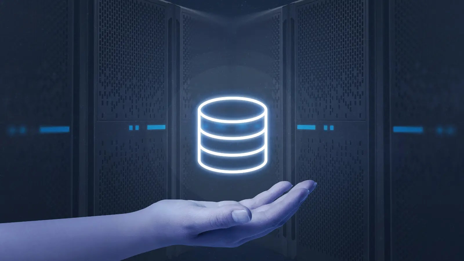 A hand is held out with a glowing database icon hovering above it, set against a background of dark server racks, suggesting the concept of data storage or cloud computing.