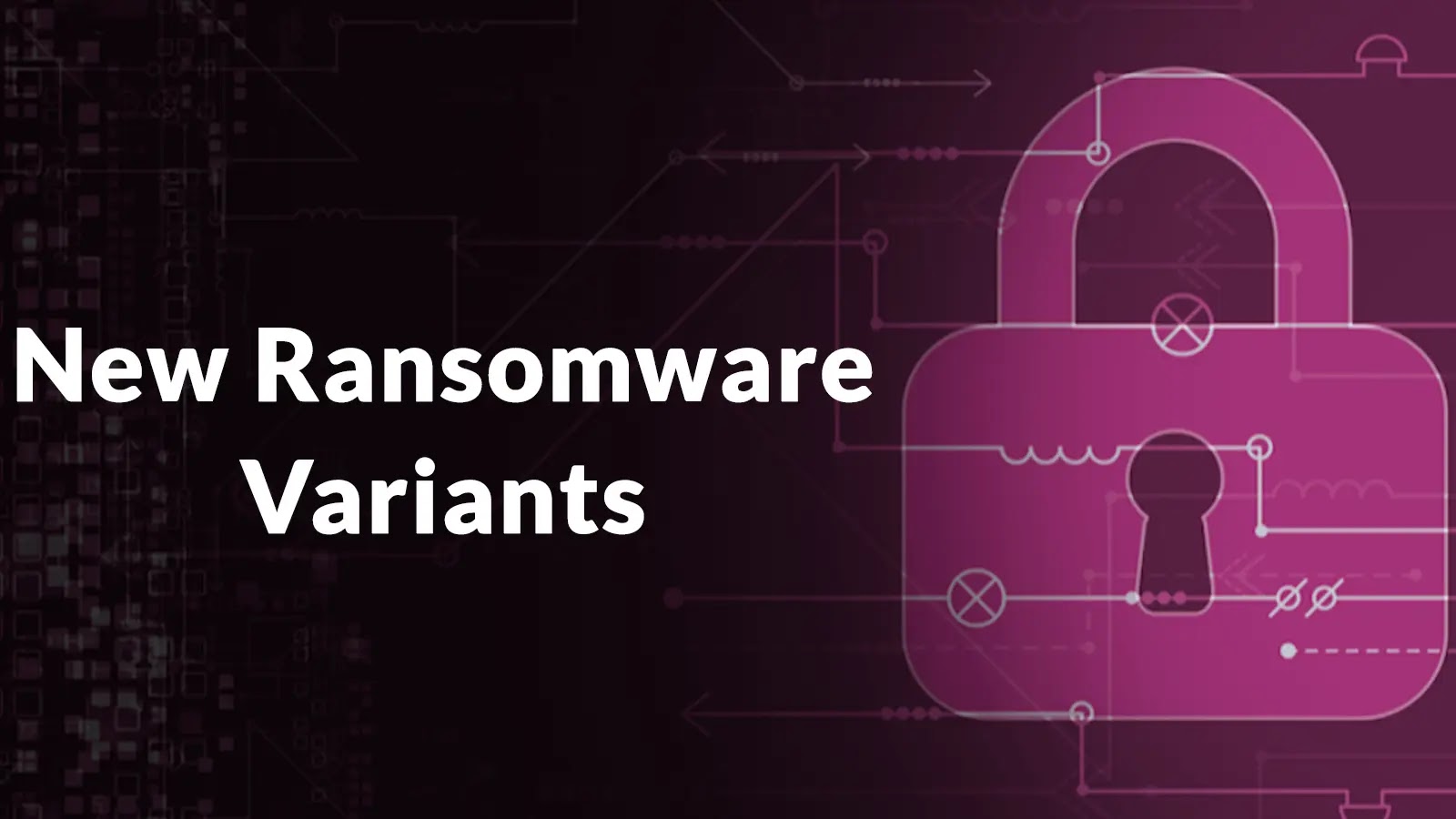 Dark graphic with a large pink padlock icon and circuit-like lines in the background. White text reads “New Ransomware Variants” on the left side of the image.