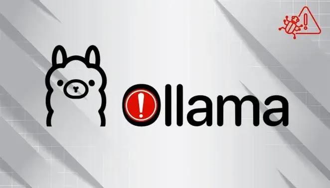 A digital illustration of a llama next to the word ollama with a red exclamation mark inside the o. A red malware alert icon appears in the top right corner on a gray geometric background.