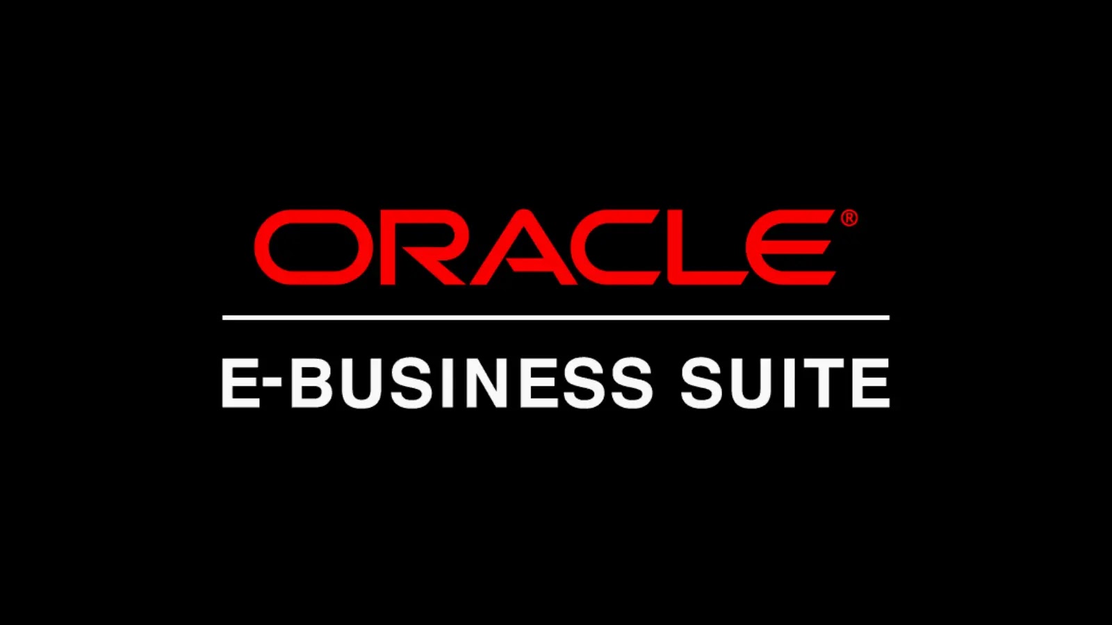 The image features the Oracle logo in red above the words E-BUSINESS SUITE in white, all set against a solid black background.