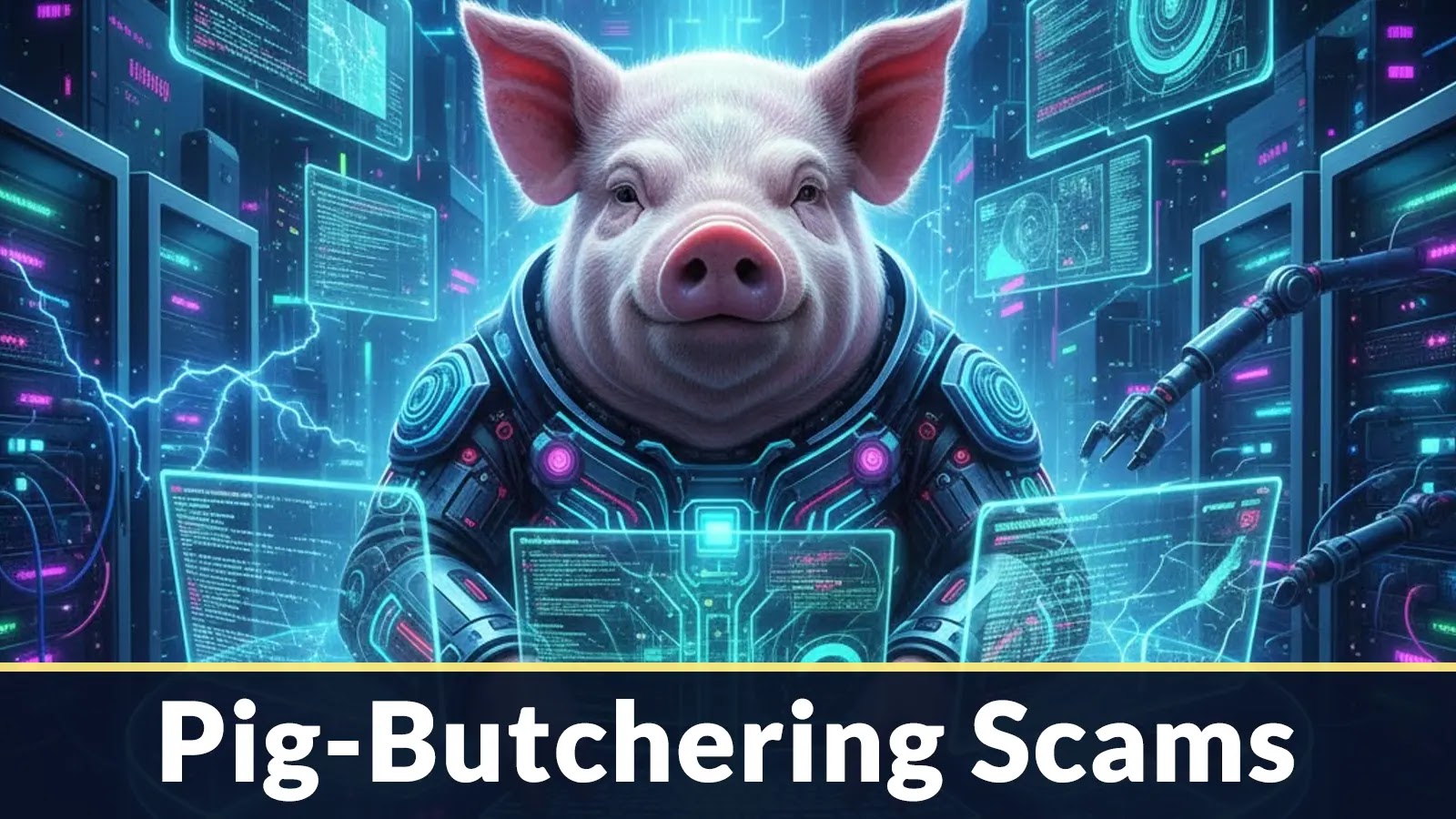 Pig-Butchering Scams Operators Scaled Their Operations with The Support of AI-Assistants A pig in futuristic armor sits at a control panel surrounded by digital screens, symbolizing cybercrime. Text at the bottom reads Pig-Butchering Scams.