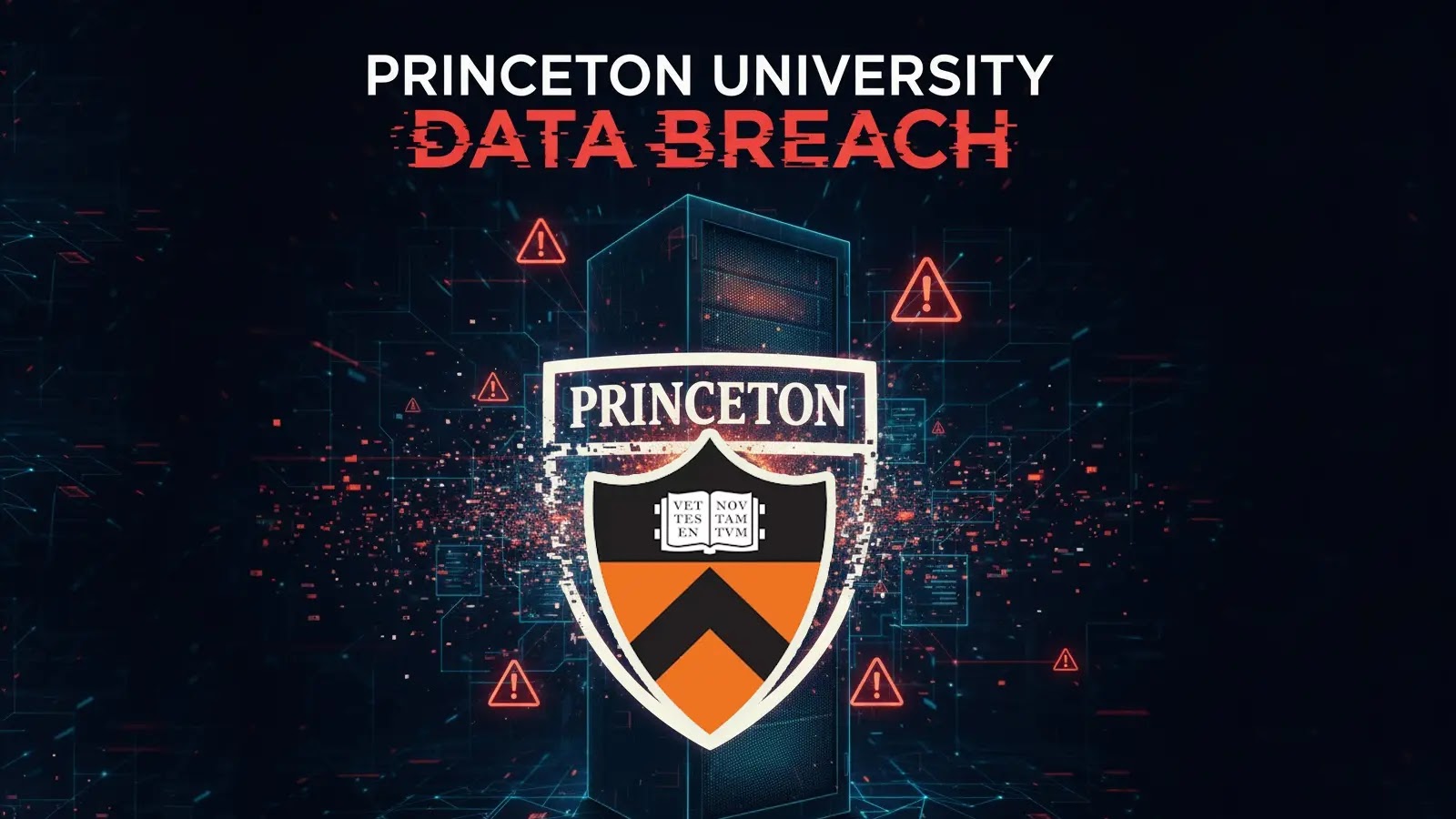 Princeton University Data Breach – Database with Donor Info Compromised Princeton University logo in front of a digital server with warning symbols and the words DATA BREACH in red above it, suggesting a cybersecurity incident.
