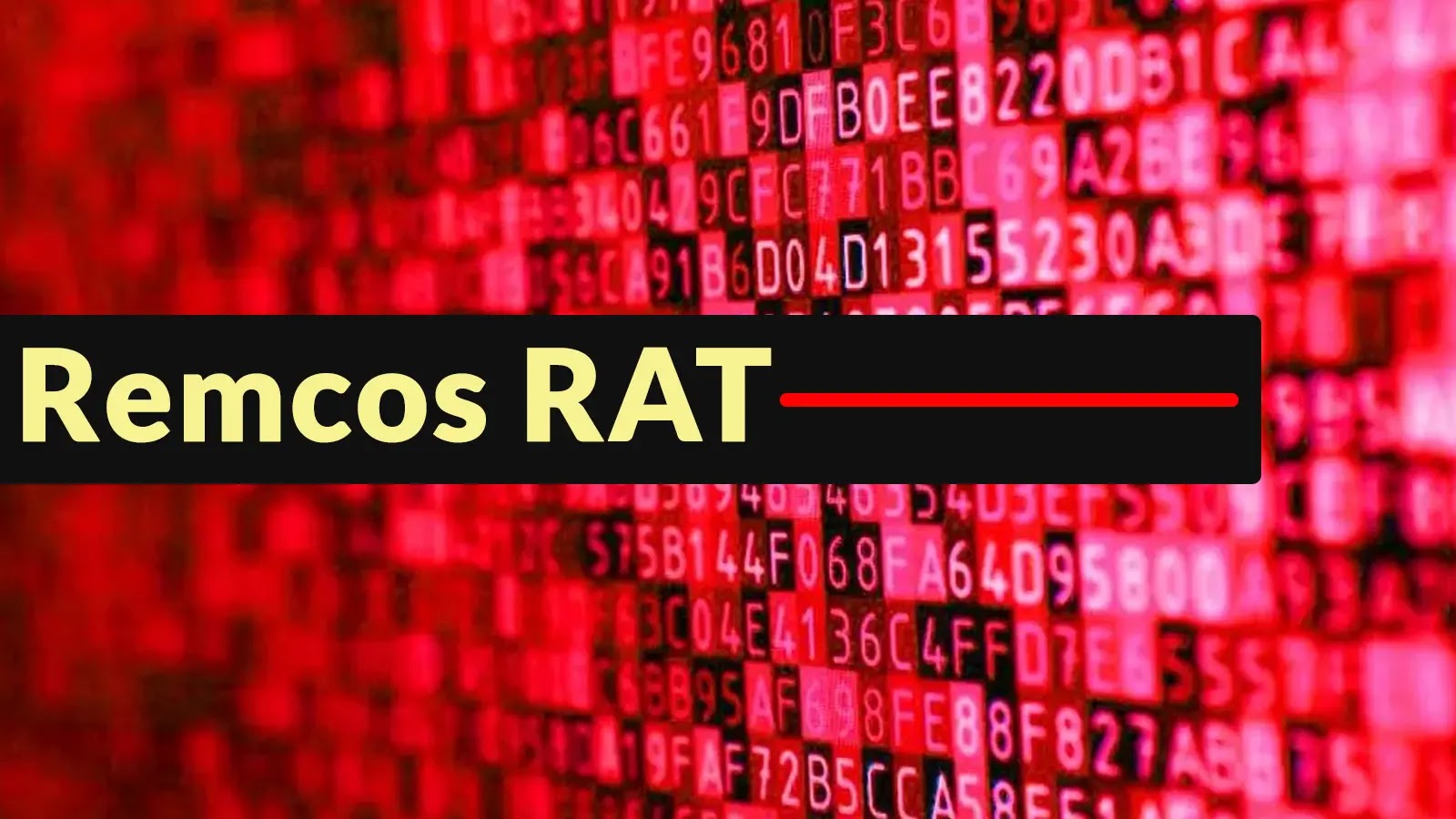 The image shows the words Remcos RAT in bold yellow text over a background of red digital code and numbers, suggesting a theme of cyber security or hacking.