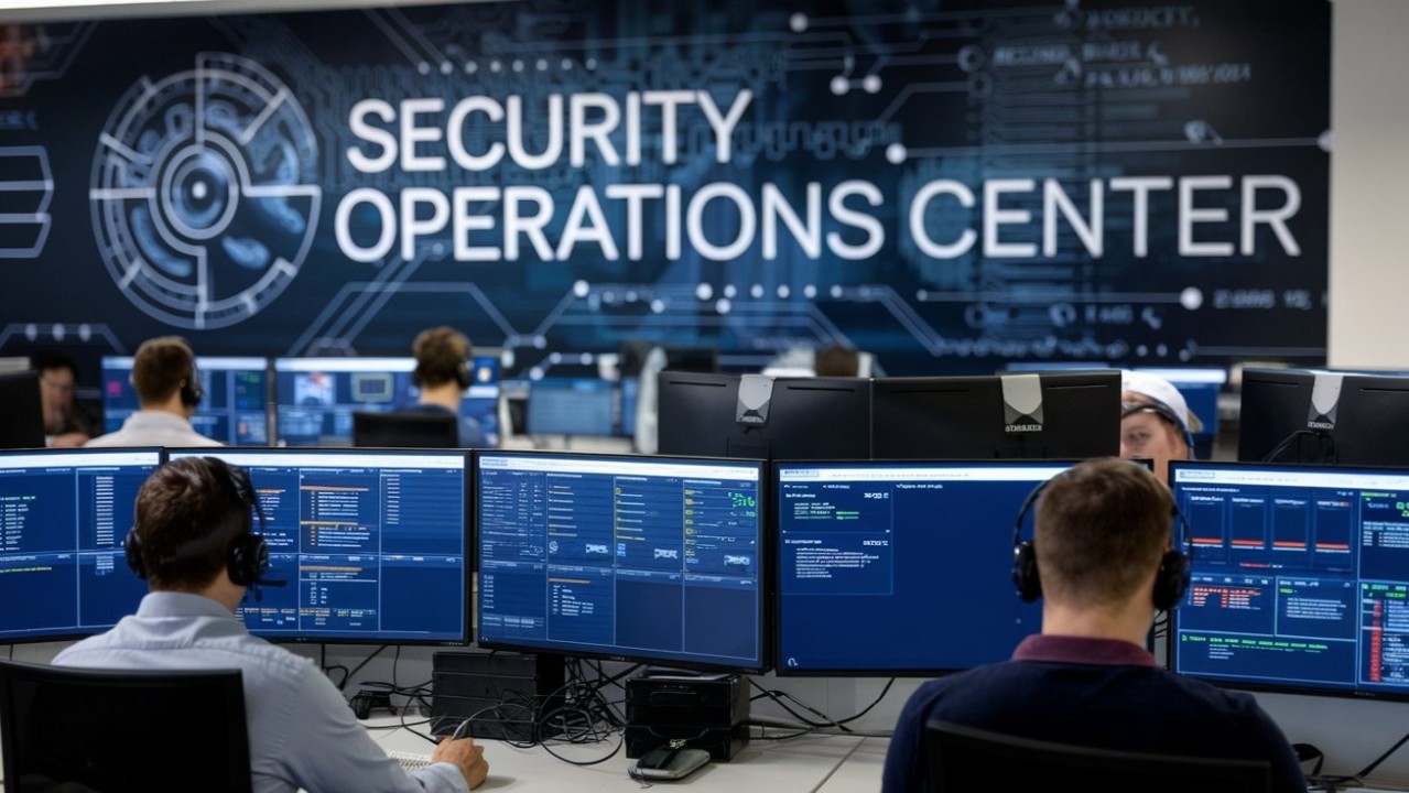 People wearing headsets work at computer stations with multiple monitors displaying data in a modern office. A large wall sign reads “Security Operations Center” with a circuit board design in the background.