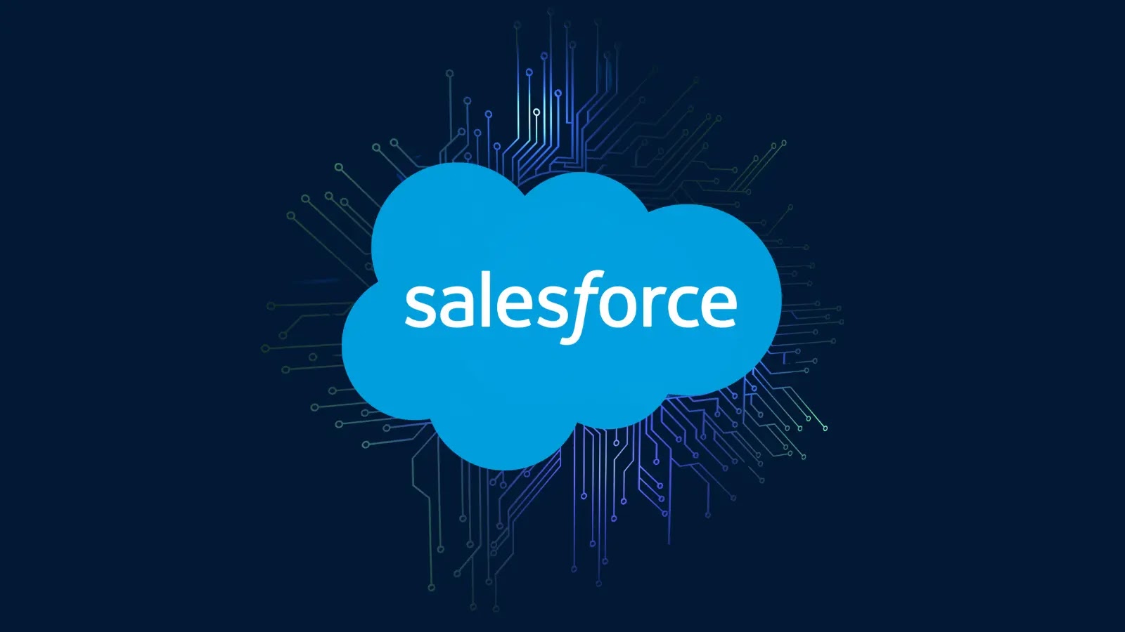 A blue cloud-shaped Salesforce logo sits in the center on a dark blue background with digital circuit lines radiating outward, symbolizing cloud technology and digital connectivity.