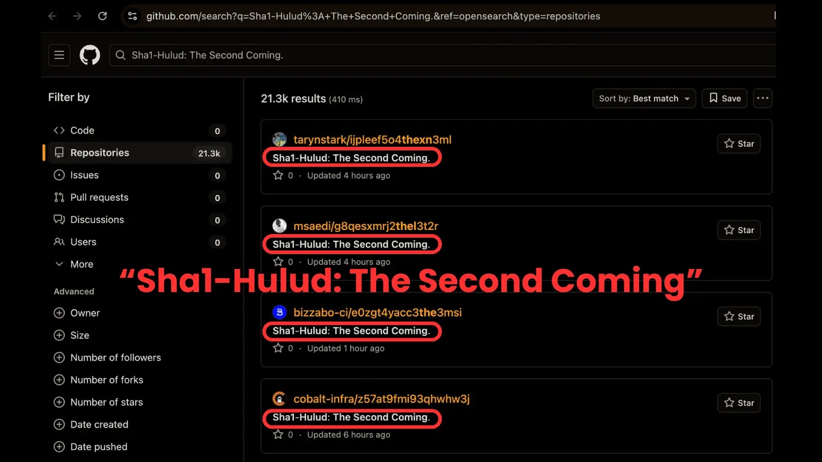 A dark-themed GitHub search page displays multiple repositories with the name Shai-Hulud: The Second Coming highlighted in red. The same title is shown enlarged in the center of the image.