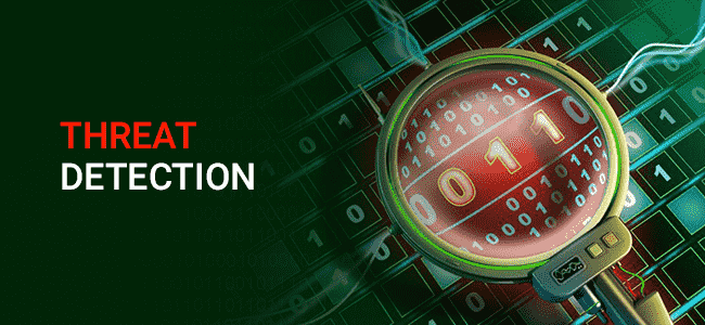 Threat-Detection unified A magnifying glass highlights binary code on a digital grid; the words THREAT DETECTION appear, with THREAT in red and DETECTION in white, symbolizing cybersecurity analysis.