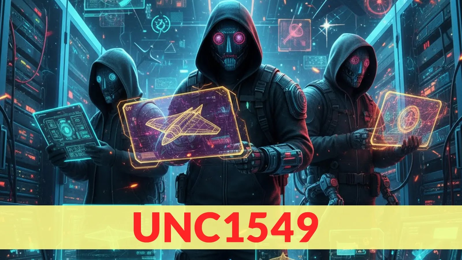 UNC1549 Hackers with Custom Tools Attacking Aerospace and Defense Systems to Steal Logins Three masked figures in hooded black outfits stand in a high-tech server room, holding glowing digital screens with hacker-style graphics. The text UNC1549 is displayed boldly across the bottom of the image.