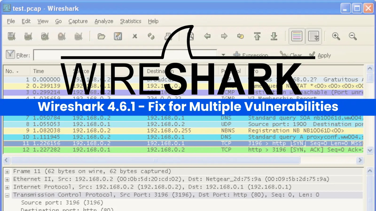 Screenshot of the Wireshark application with version 4.6.1 and the text Fix for Multiple Vulnerabilities overlaid, showing captured network traffic and protocol details on a Windows interface.