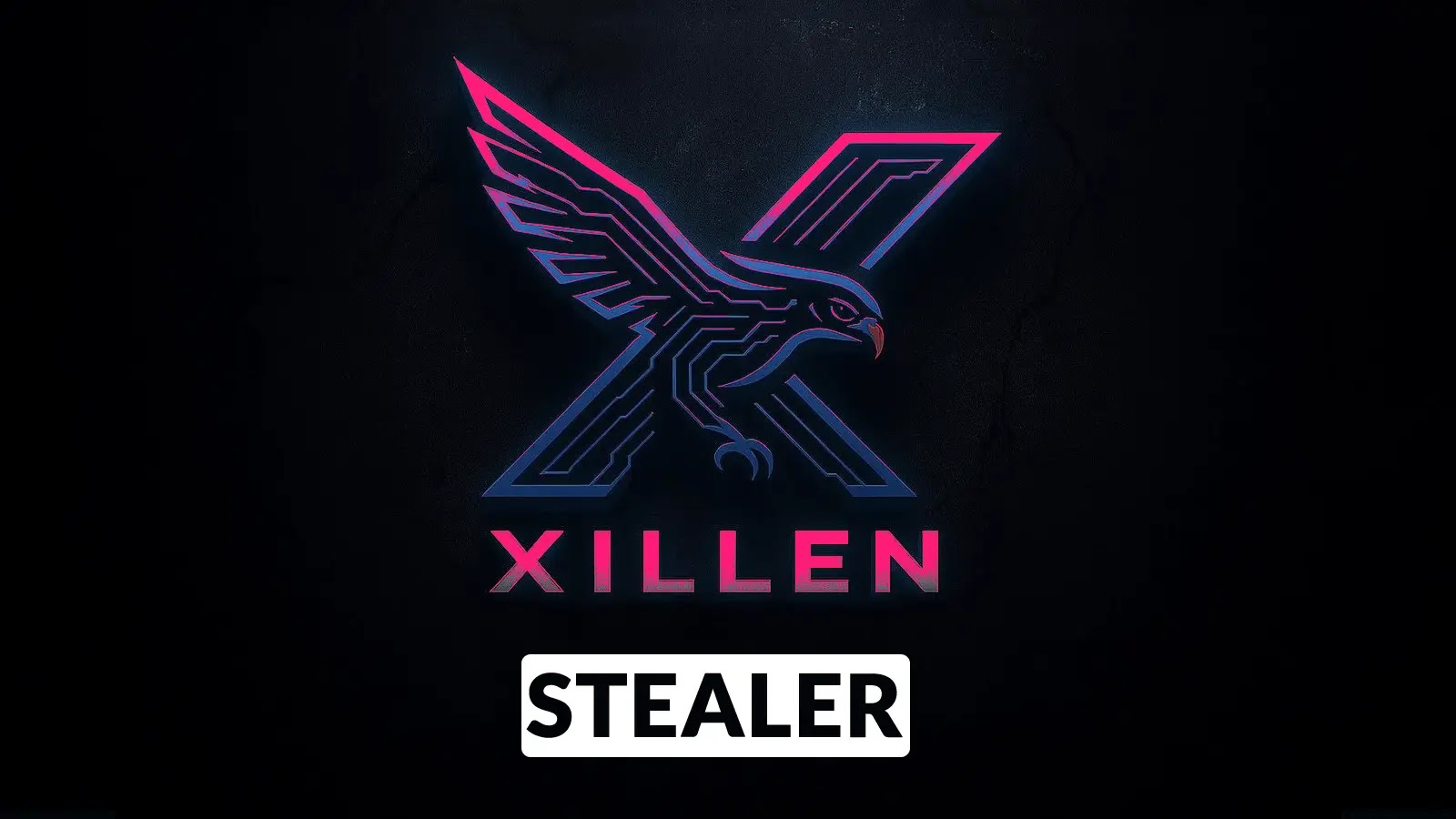 Stylized graphic of a bird with circuit-like wings forming an X shape, above the word XILLEN in bold pink letters, and the word STEALER in a white box below, on a dark background.