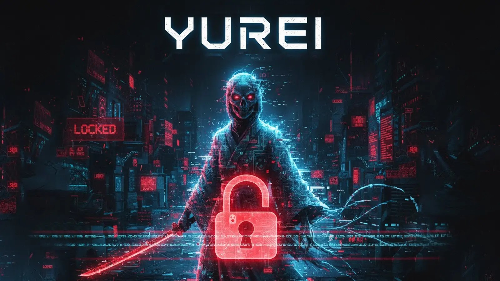 Yurei Ransomware File Encryption, Operation Model and Data Transfer Methods Uncovered A glowing, masked figure with a sword stands in a cyberpunk city. The word YUREI is above, with a large red unlocked padlock symbol and digital effects dominating the foreground. Signs read LOCKED.