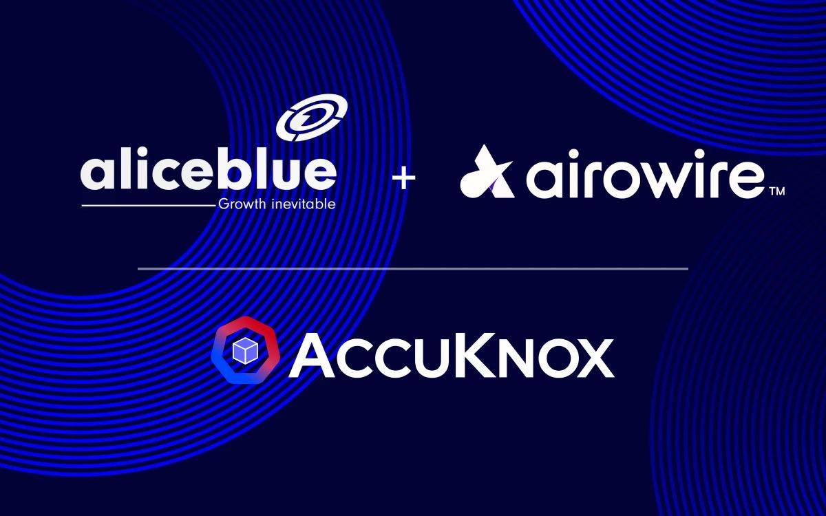 alice blue + acckunox Logos of three companies—aliceblue, airowire, and AccuKnox—on a dark blue background with circular line patterns. The aliceblue and airowire logos are separated by a plus sign above the AccuKnox logo.