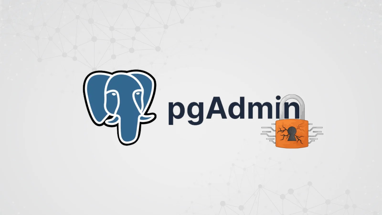 pgAdmin4 Vulnerability The image shows the pgAdmin logo with a blue elephant head and the word pgAdmin. A padlock with a bug icon is placed over the letter n, suggesting a security or vulnerability issue.