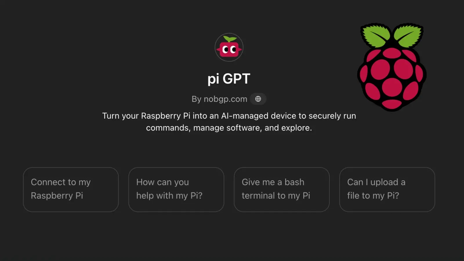A dark-themed interface for pi GPT shows its logo, a stylized raspberry with eyes, and the classic Raspberry Pi logo. Below, text describes AI-managed Raspberry Pi functions, with buttons for various Pi-related queries.