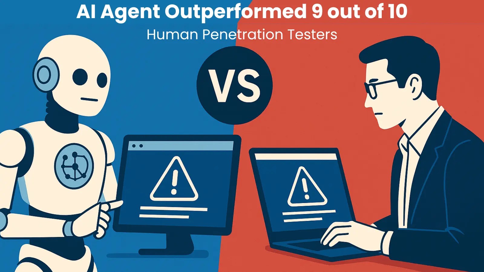 AI Agent Outperformed Human Penetration Testers A robot and a human sit facing each other with laptops displaying warning symbols. Text above reads, AI Agent Outperformed 9 out of 10 Human Penetration Testers. VS is shown between them.