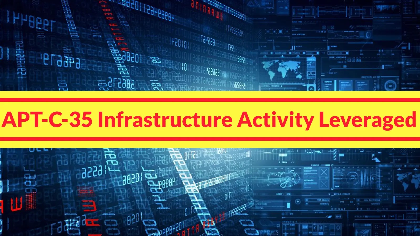 A digital background with code, data, and a world map overlay. A bold yellow banner across the center reads: APT-C-35 Infrastructure Activity Leveraged in red text.
