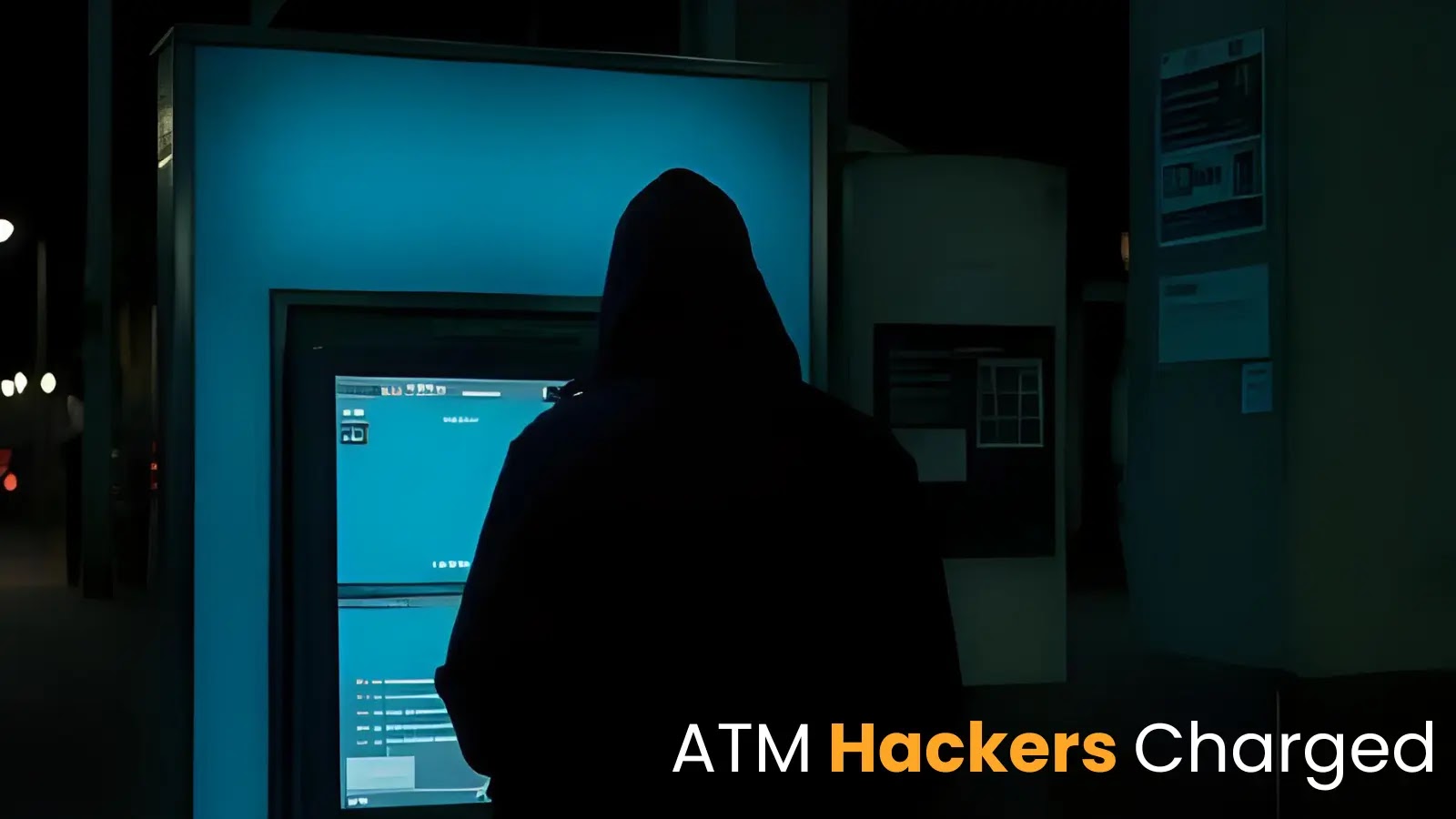 A person in a hoodie stands at an ATM at night, facing the screen, with the words ATM Hackers Charged in bold text at the bottom right.