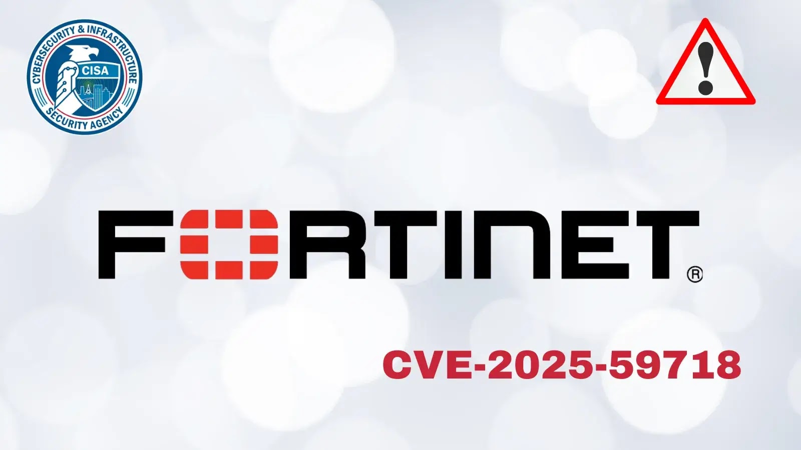 CISA Adds Fortinet Multiple Products Signature Verification Vulnerability to KEV Catalog Following Active Exploitation (1) The image features the Fortinet logo, a red warning symbol, the CISA logo, and the text “CVE-2025-59718” on a light, blurred background.