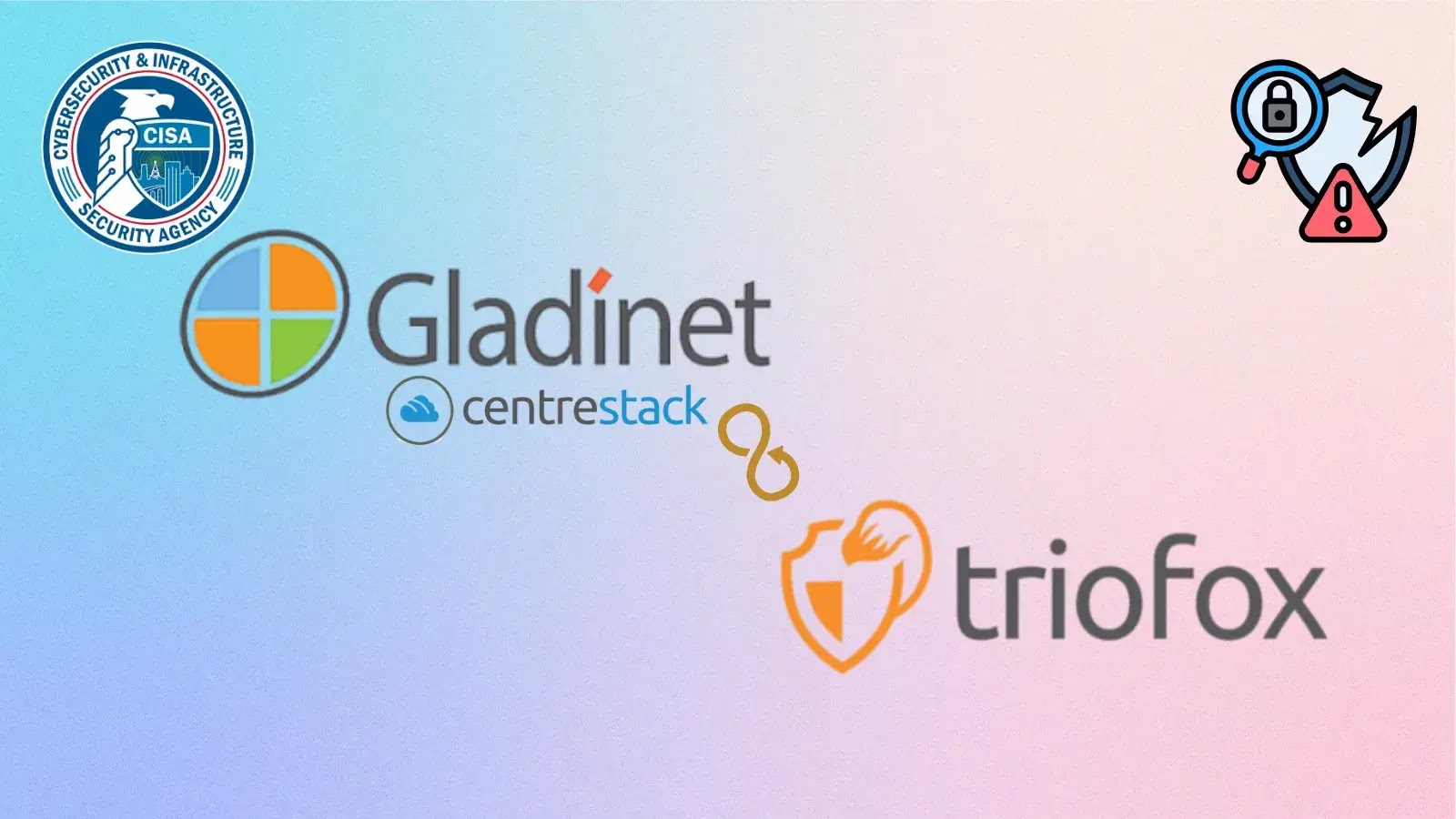 Logos of CISA, Gladinet CentreStack, and Triofox are shown on a pastel gradient background, along with icons representing cybersecurity and a warning symbol.