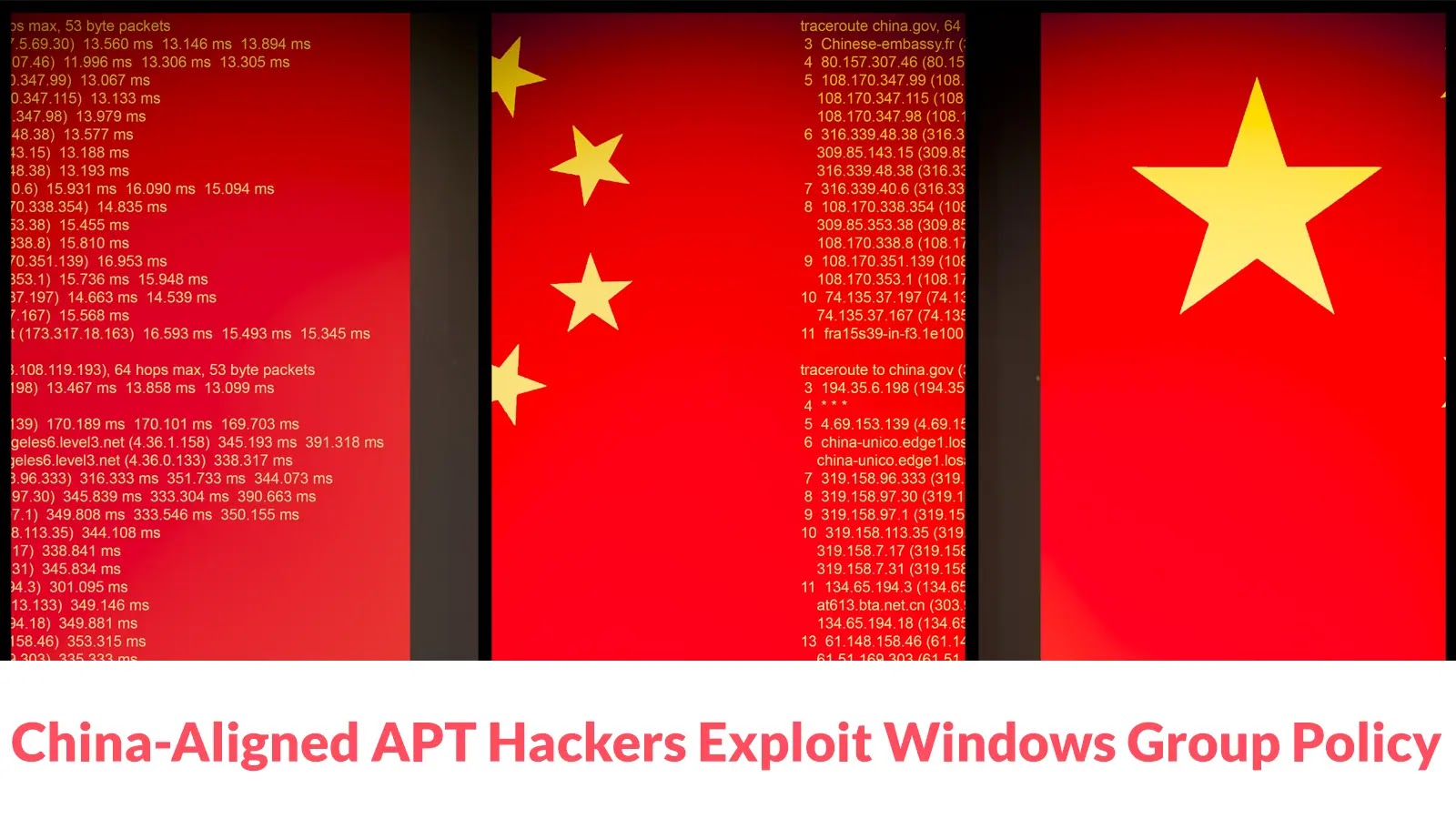 Three screens display the Chinese flag with lists of network data or code in red and yellow, accompanied by the headline: China-Aligned APT Hackers Exploit Windows Group Policy.
