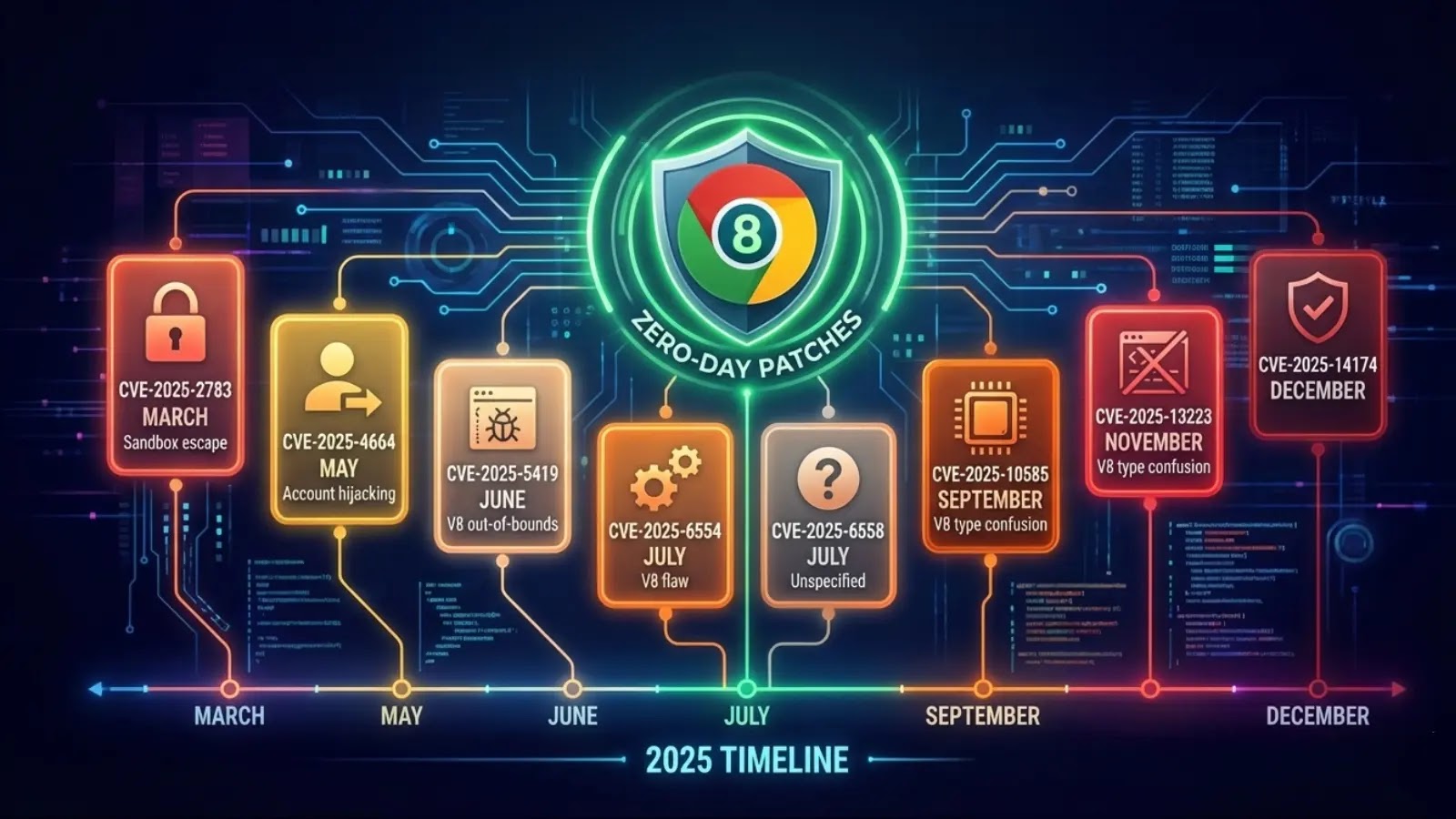 A colorful timeline graphic titled 2025 Timeline displays major zero-day patches for vulnerabilities from March to December 2025, with icons, brief descriptions, and patch months marked for each CVE.
